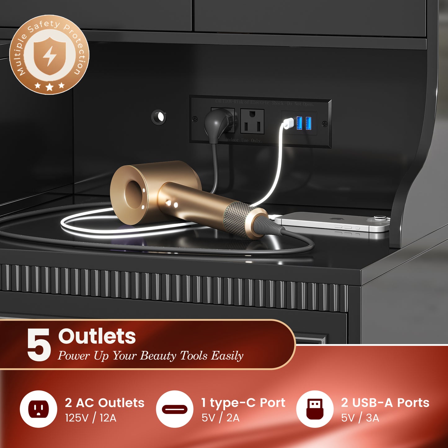 PRAISUN 53 Inch Makeup Vanity Desk with Large Mirror and Lights, Vanity Table with Power Outlets and USB-C Port, Glass Top, 4 Divided Drawer Storage, Big Vanity with Cabinet, Adjustable Shelves