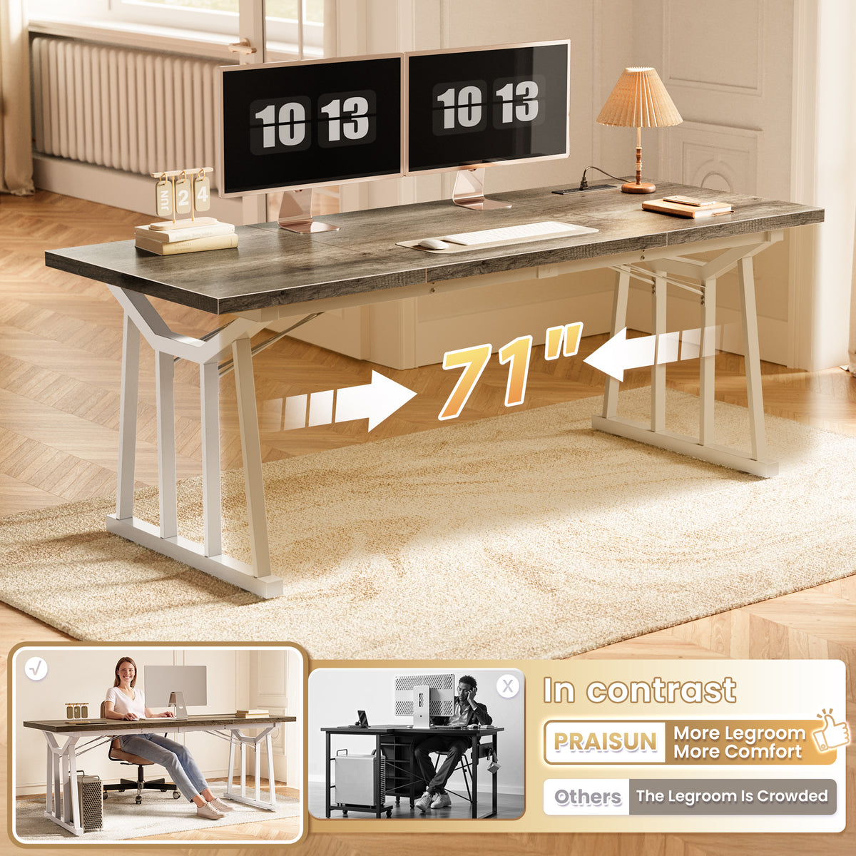 PRAISUN 71'' Large Office Desk with Power Outlets, 25mm Thicker Desktop Heavy Duty Executive Computer Desk with USB-C Ports, Sturdy Metal Frame, 31.5'' Wide PC Work Home Office Study Desk, Grey