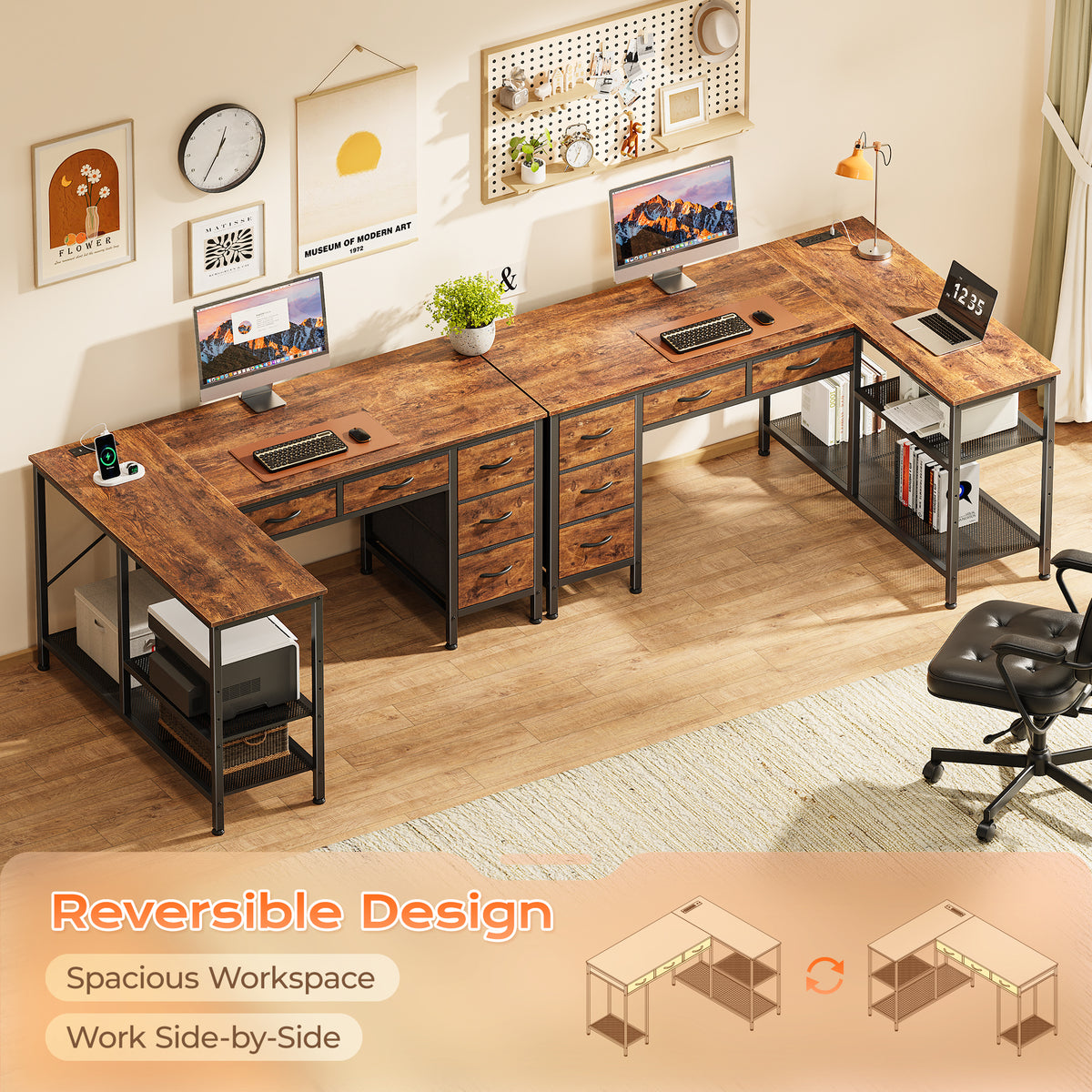 Praisun 47 Inch L Shaped Desk with Power Outlets, 5 Fabric Drawers Reversible Computer Desk with Shelves, USB-C Port, Large Corner Office Desk for Gaming Writing Work Study, Rustic Brown