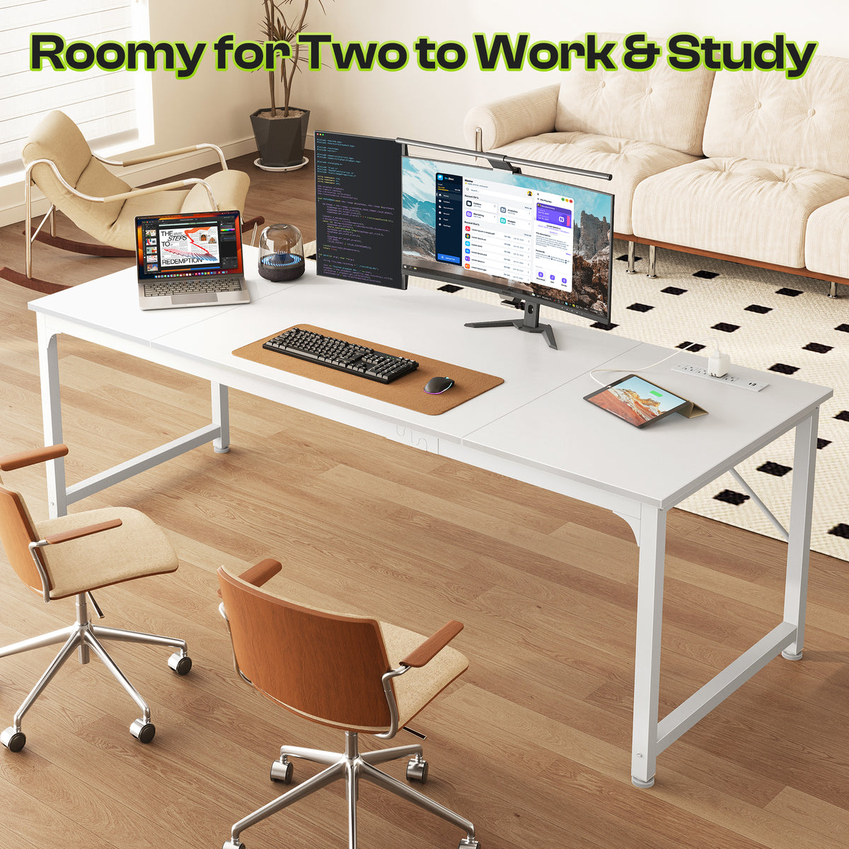 PRAISUN 70 x 24 Inch Computer Desk with Power Outlets & USB-C, White Office Desk with 4 AC Outlets, USB & USB-C, Heavy Duty Metal Frame, Spacious Desktop for Work, Writing, Study & Gaming