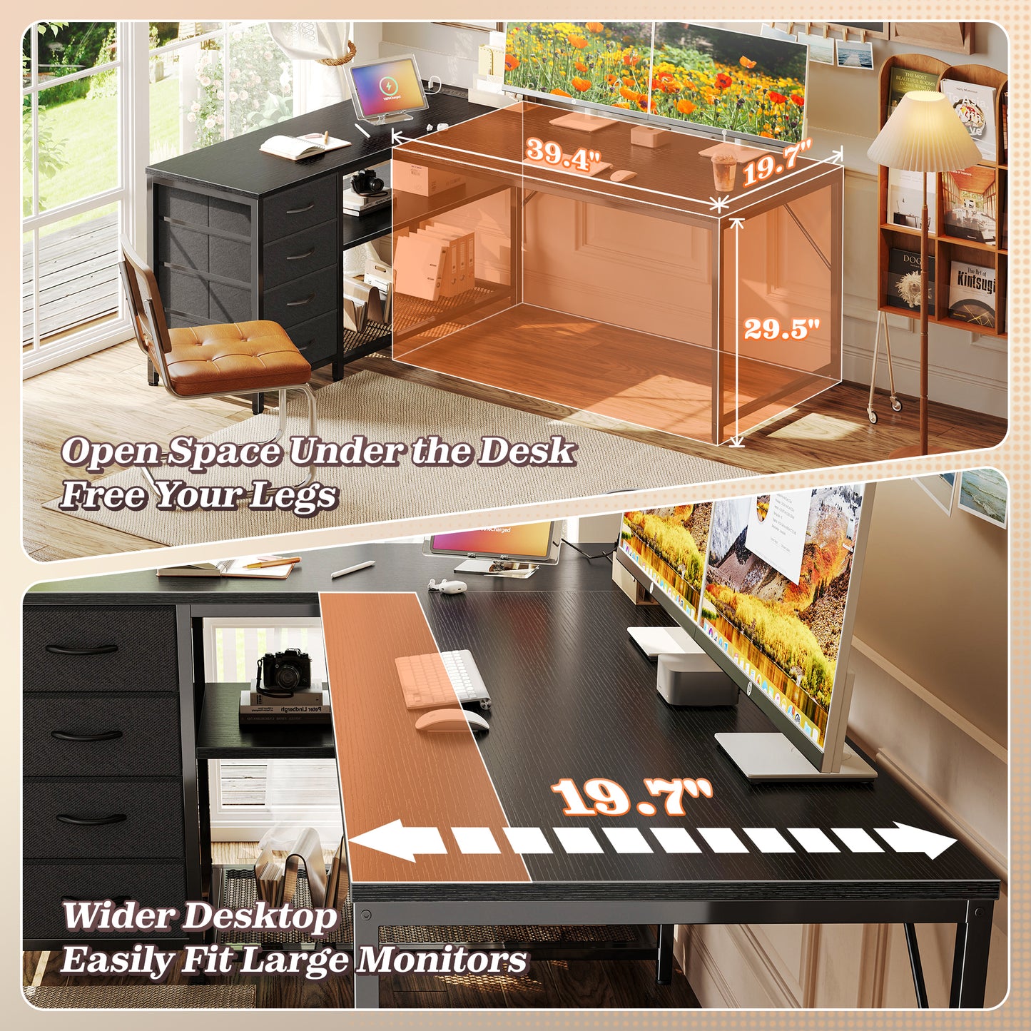 PRAISUN 53" L Shaped Desk with Power Outlets and USB-C Port, Reversible Computer Corner Office Desk with 4 Fabric Drawers and 2 Height-Adjustable Shelves, Large for Gaming Writing Work Study, Black