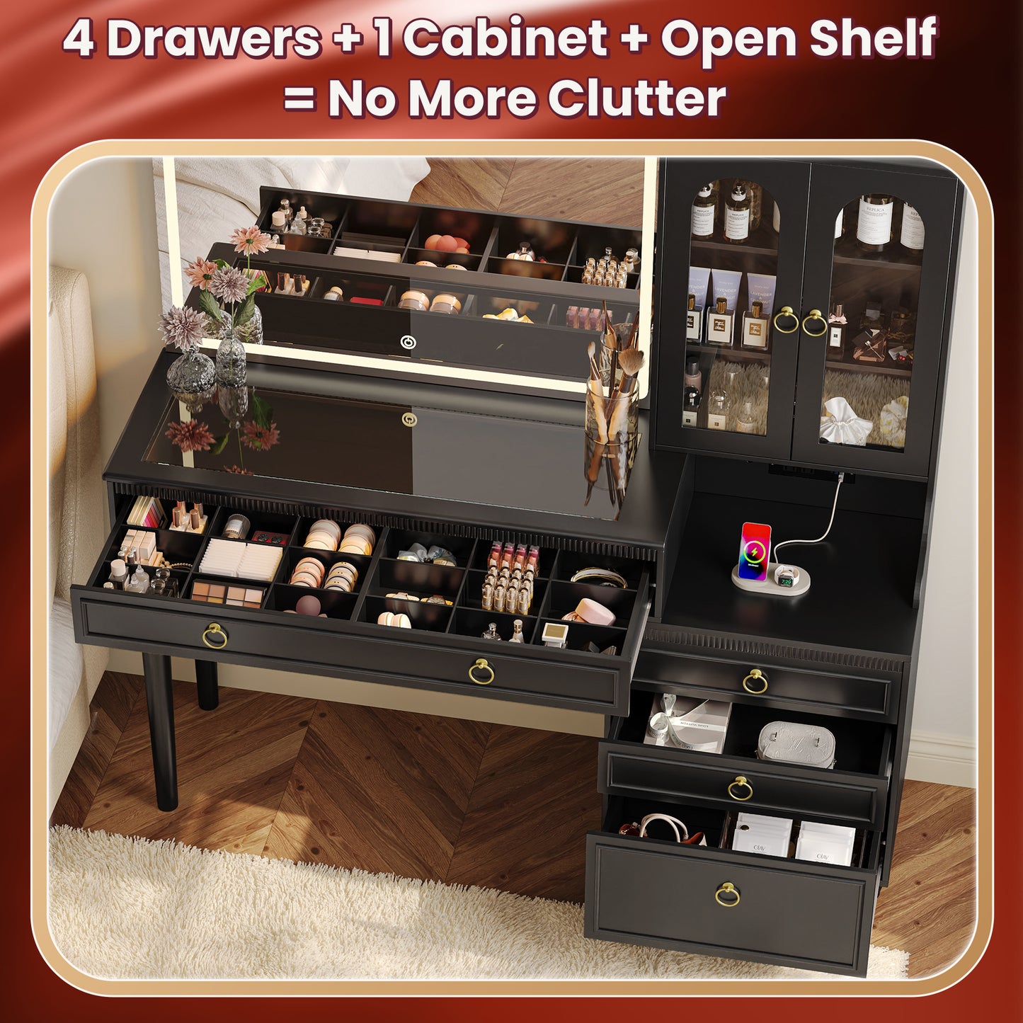 PRAISUN 53 Inch Makeup Vanity Desk with Large Mirror and Lights, Vanity Table with Power Outlets and USB-C Port, Glass Top, 4 Divided Drawer Storage, Big Vanity with Cabinet, Adjustable Shelves