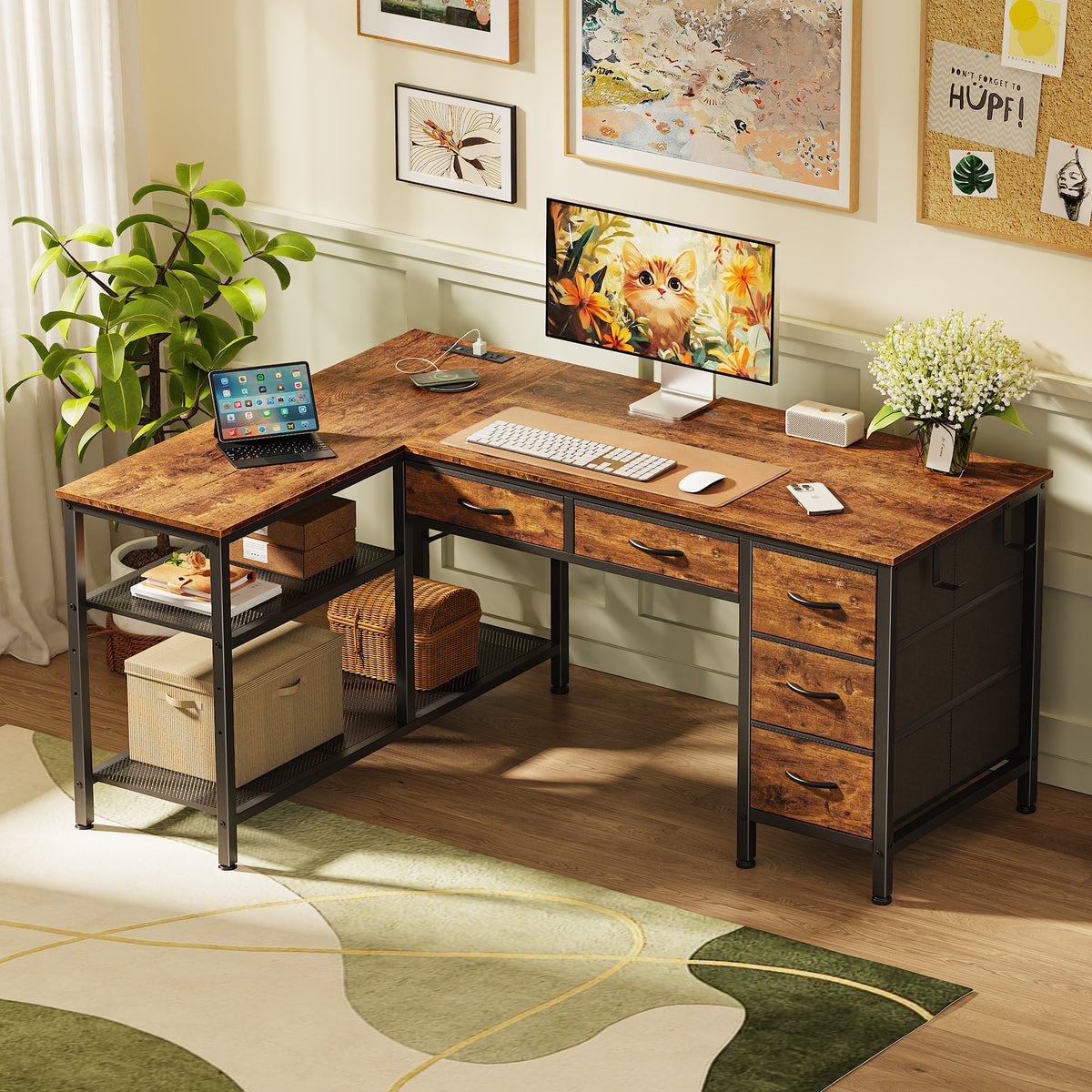 Praisun 47 Inch L Shaped Desk with Power Outlets, 5 Fabric Drawers Reversible Computer Desk with Shelves, USB-C Port, Large Corner Office Desk for Gaming Writing Work Study, Rustic Brown