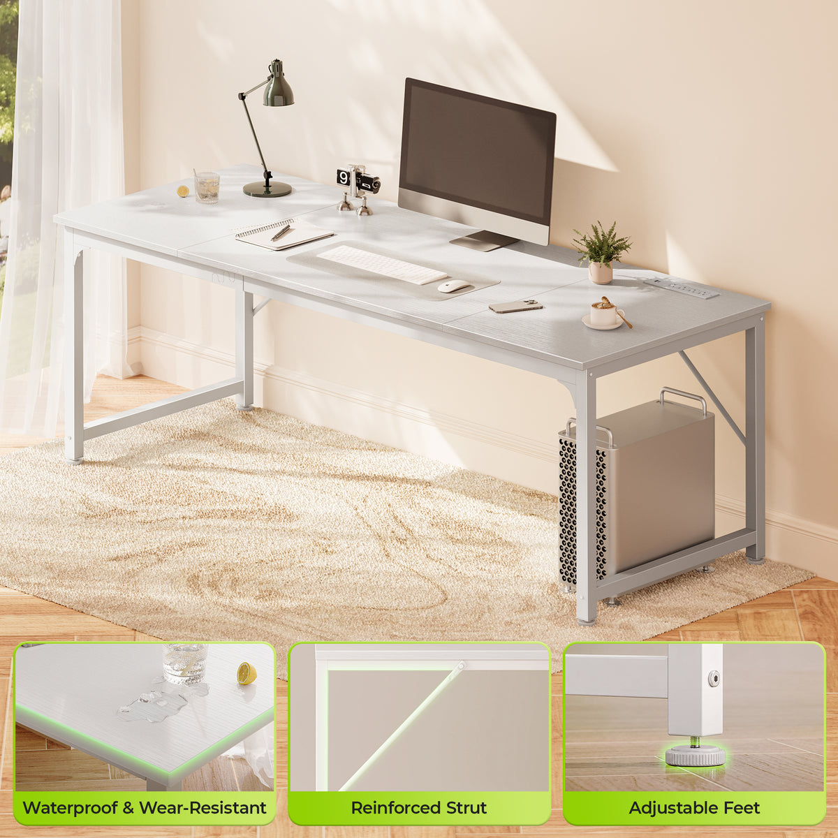 PRAISUN 70 x 24 Inch Computer Desk with Power Outlets & USB-C, White Office Desk with 4 AC Outlets, USB & USB-C, Heavy Duty Metal Frame, Spacious Desktop for Work, Writing, Study & Gaming
