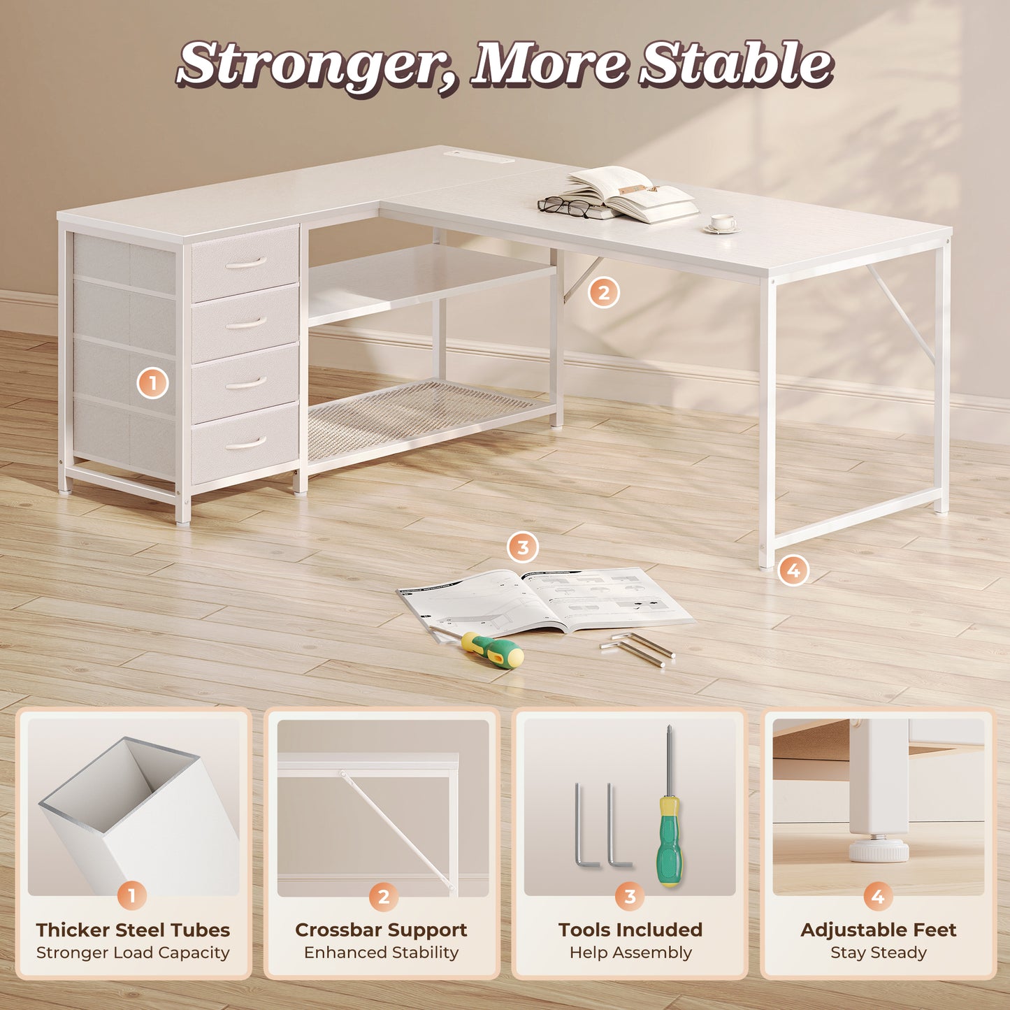 PRAISUN 53" L Shaped Desk with Power Outlets and USB-C Port, Reversible Computer Corner Office Desk with 4 Fabric Drawers and 2 Height-Adjustable Shelves, Large for Gaming Writing Work Study, White