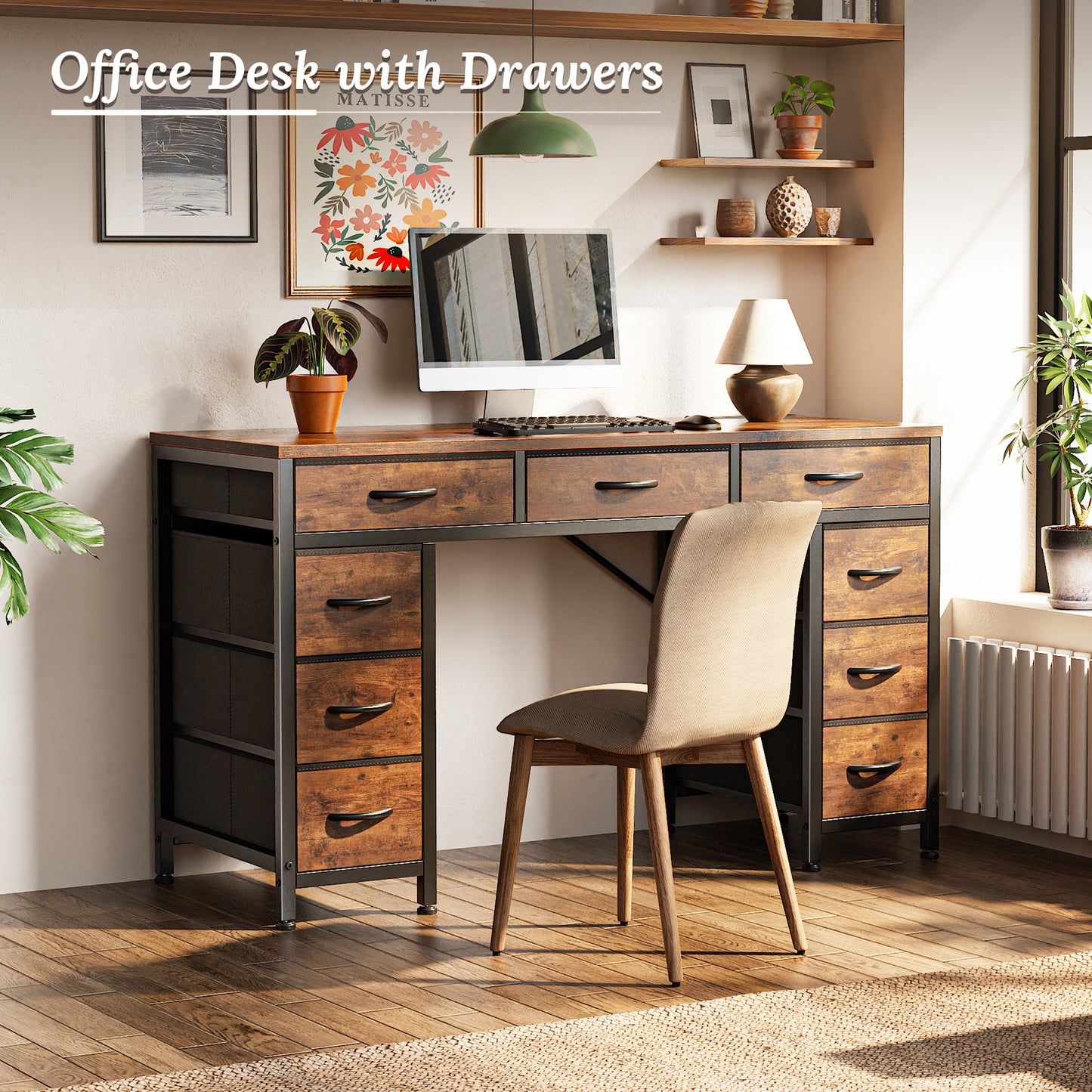 PRAISUN 47 Inch Office Desk with Outlets, Computer Desk with 9 Fabric Drawers, Writing Gaming Work Study Desk for Bedroom, Living Room, Home Office, Large Storage, Rustic Brown