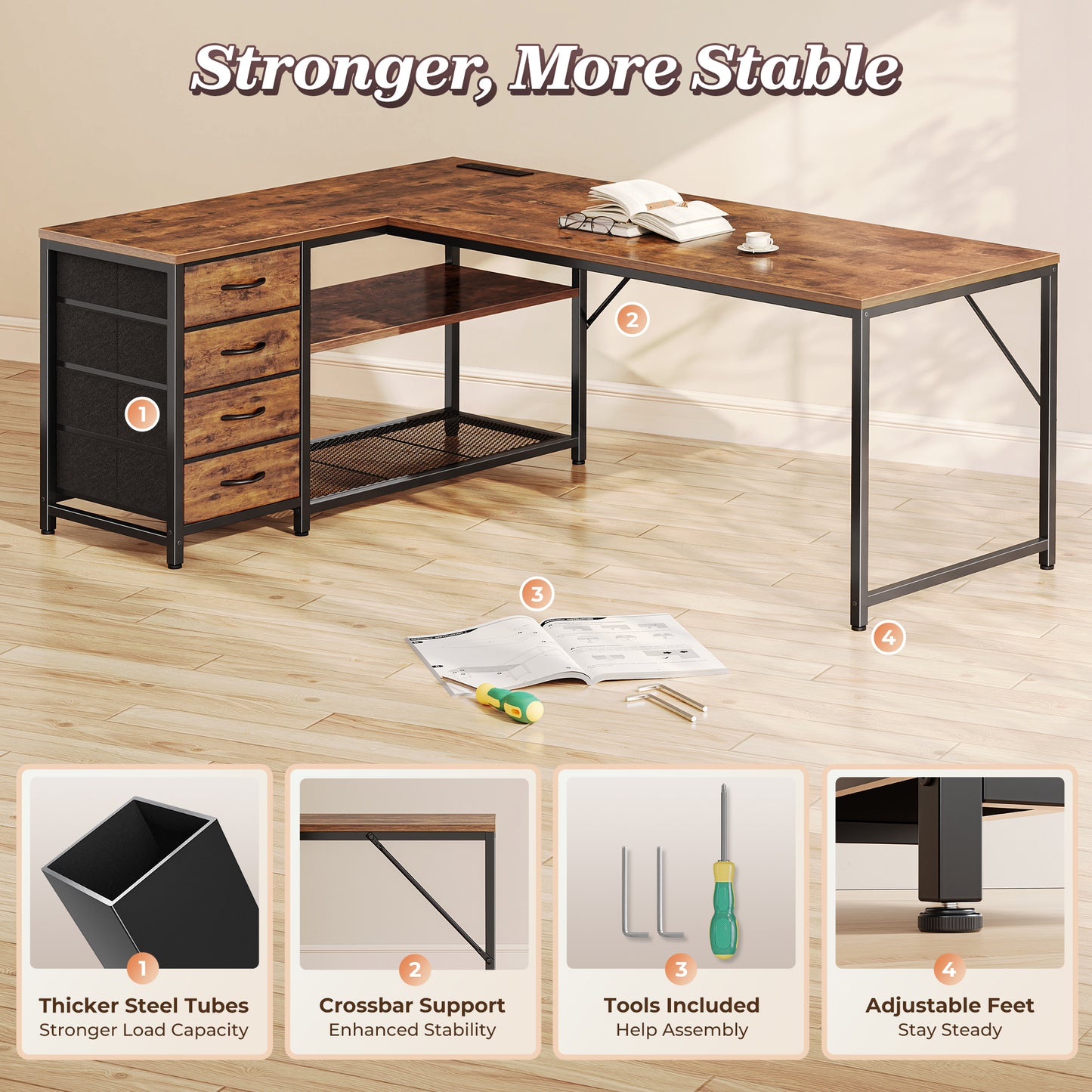 PRAISUN 61" L Shaped Desk with Power Outlets and USB-C Port, Reversible Computer Corner Office Desk with 4 Fabric Drawers and 2 Height-Adjustable Shelves, Large for Gaming Writing Study, Rustic Brown