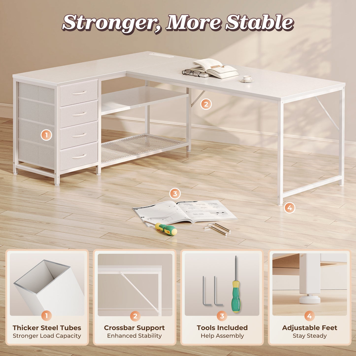 PRAISUN 61" L Shaped Desk with Power Outlets and USB-C Port, Reversible Computer Corner Office Desk with 4 Fabric Drawers and 2 Height-Adjustable Shelves, Large for Gaming Writing Work Study, White
