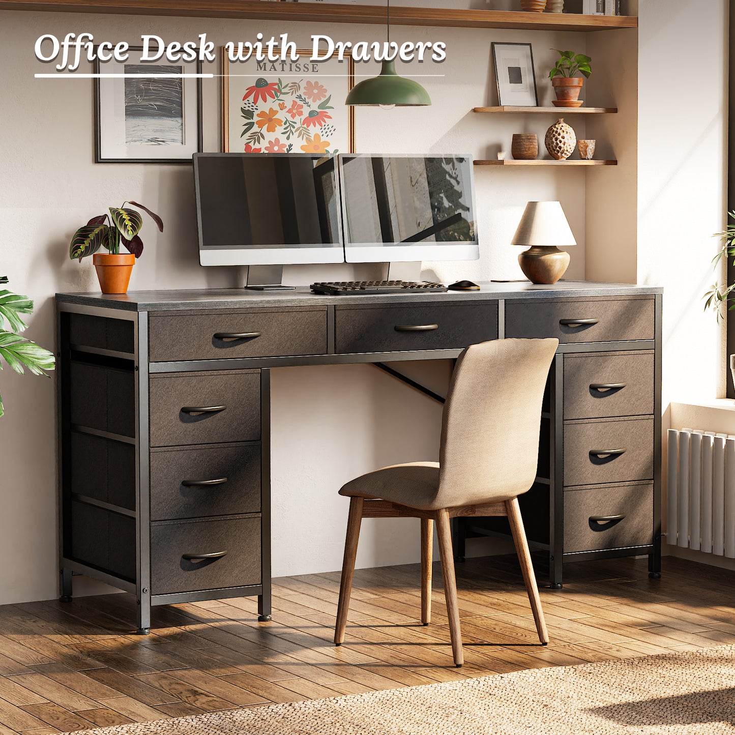 PRAISUN 54 Inch Office Desk with Outlets, Computer Desk with 9 Fabric Drawers, Writing Gaming Work Study Desk for Bedroom, Living Room, Home Office, Large Storage, Grey