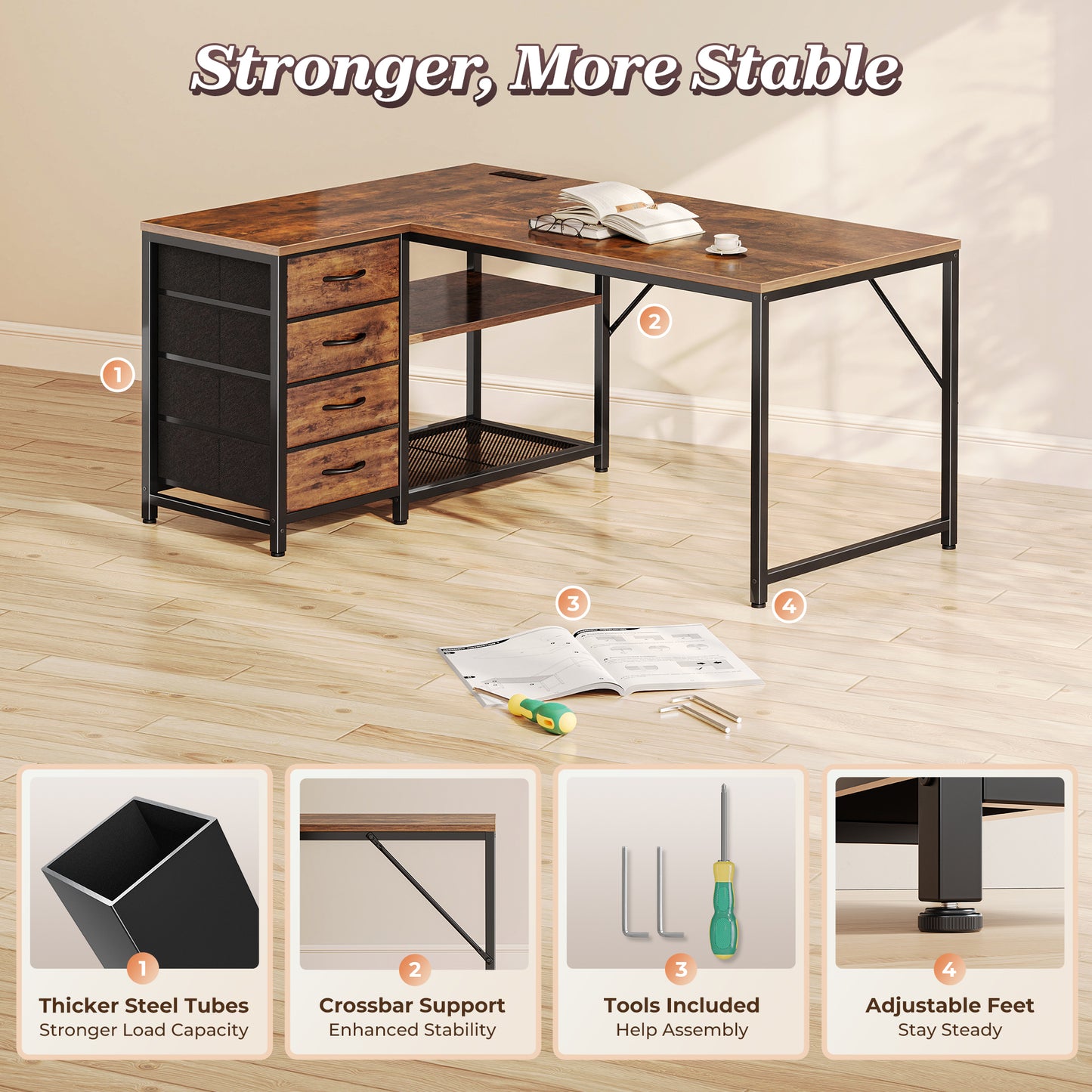 PRAISUN 43.3" Small Computer Desk with Power Outlets and USB-C Port, Reversible L Shaped Corner Office Desk with 4 Fabric Drawers and 2 Height-Adjustable Shelves, for Gaming Writing, Rustic Brown