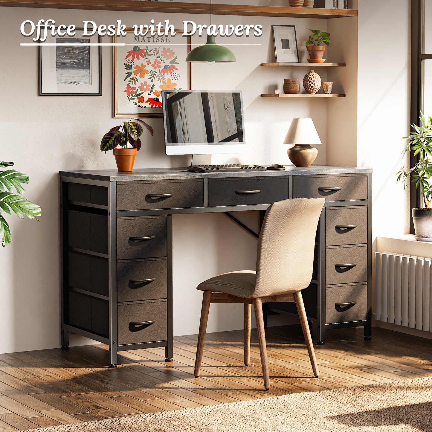 PRAISUN 47 Inch Office Desk with Outlets, Computer Desk with 9 Fabric Drawers, Writing Gaming Work Study Desk for Bedroom, Living Room, Home Office, Large Storage, Grey