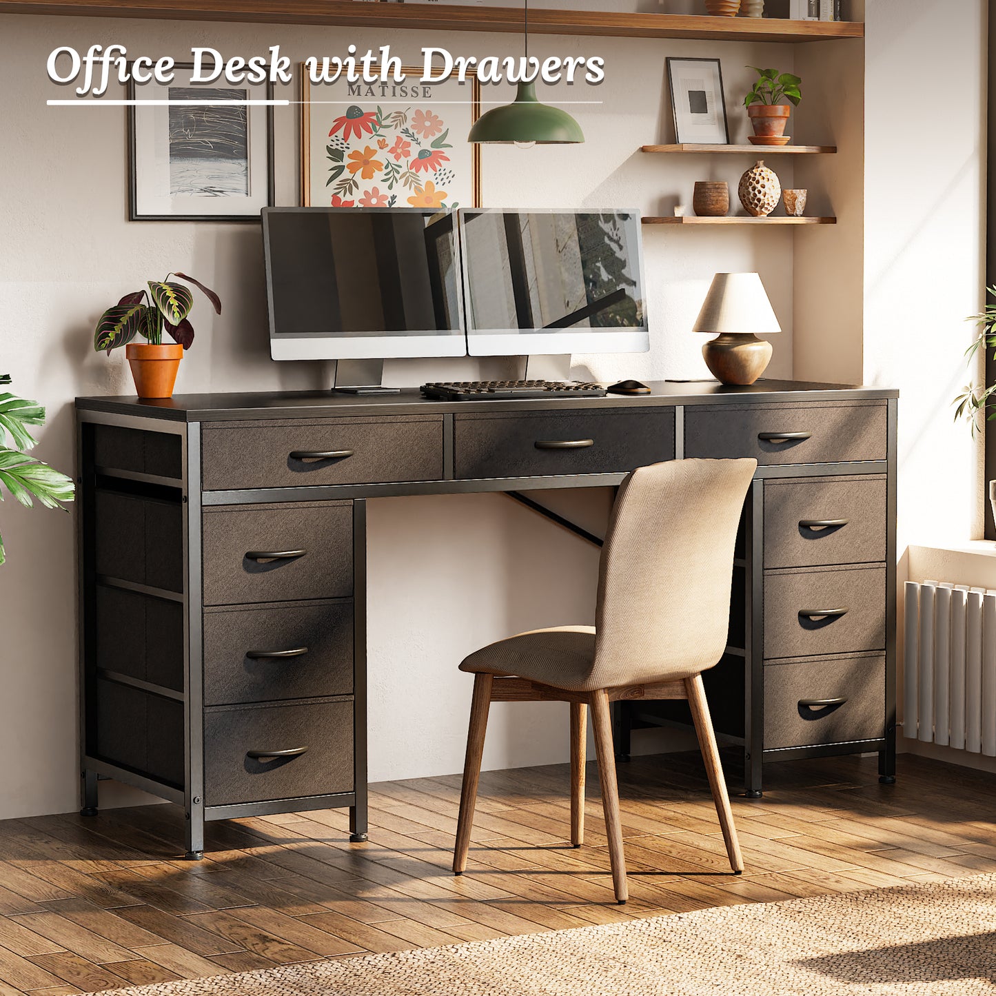 PRAISUN 54 Inch Office Desk with Outlets, Computer Desk with 9 Fabric Drawers, Writing Gaming Work Study Desk for Bedroom, Living Room, Home Office, Large Storage, Black