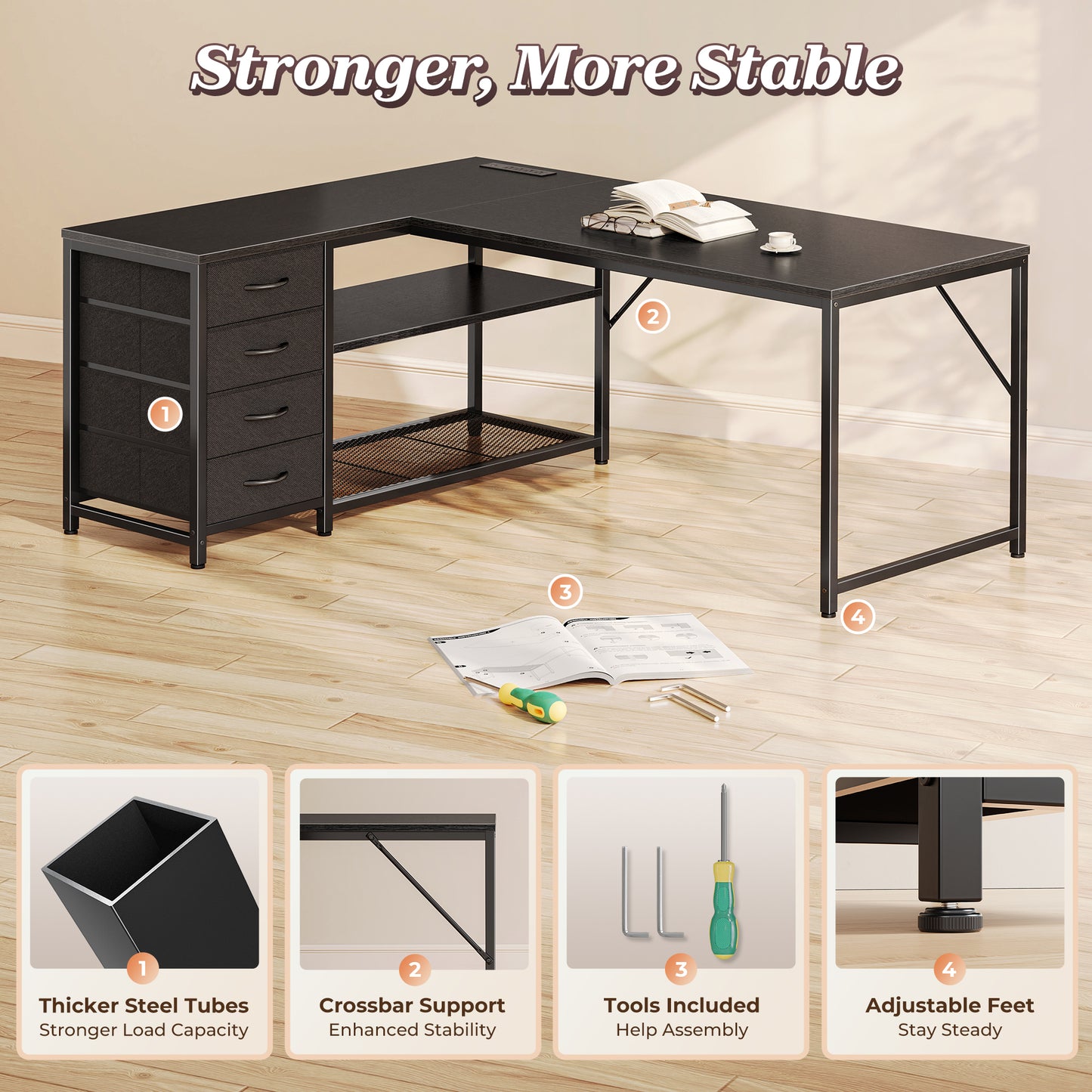 PRAISUN 53" L Shaped Desk with Power Outlets and USB-C Port, Reversible Computer Corner Office Desk with 4 Fabric Drawers and 2 Height-Adjustable Shelves, Large for Gaming Writing Work Study, Black