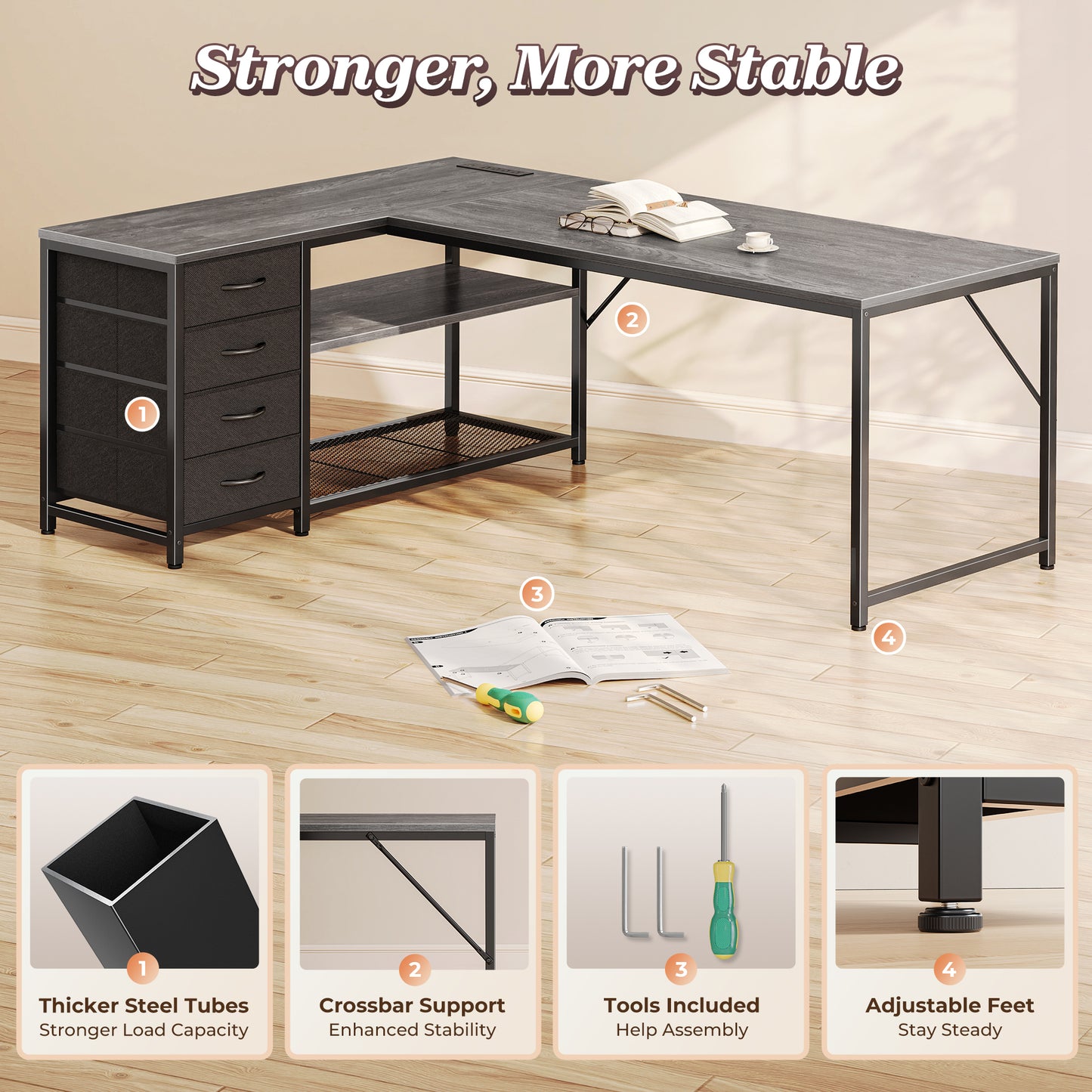 PRAISUN 61" L Shaped Desk with Power Outlets and USB-C Port, Reversible Computer Corner Office Desk with 4 Fabric Drawers and 2 Height-Adjustable Shelves, Large for Gaming Writing Work Study, Grey