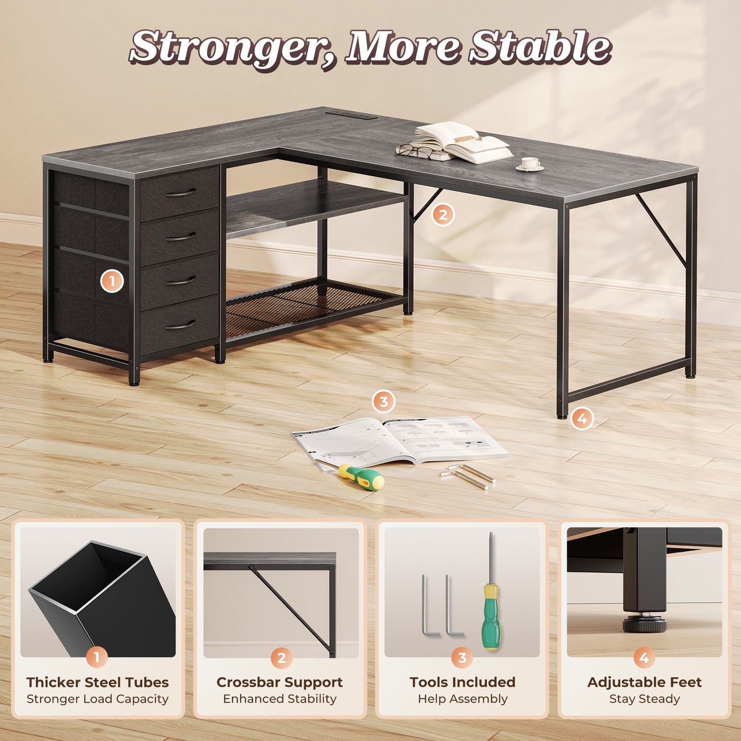 PRAISUN 53" L Shaped Desk with Power Outlets and USB-C Port, Reversible Computer Corner Office Desk with 4 Fabric Drawers and 2 Height-Adjustable Shelves, Large for Gaming Writing Work Study, Grey