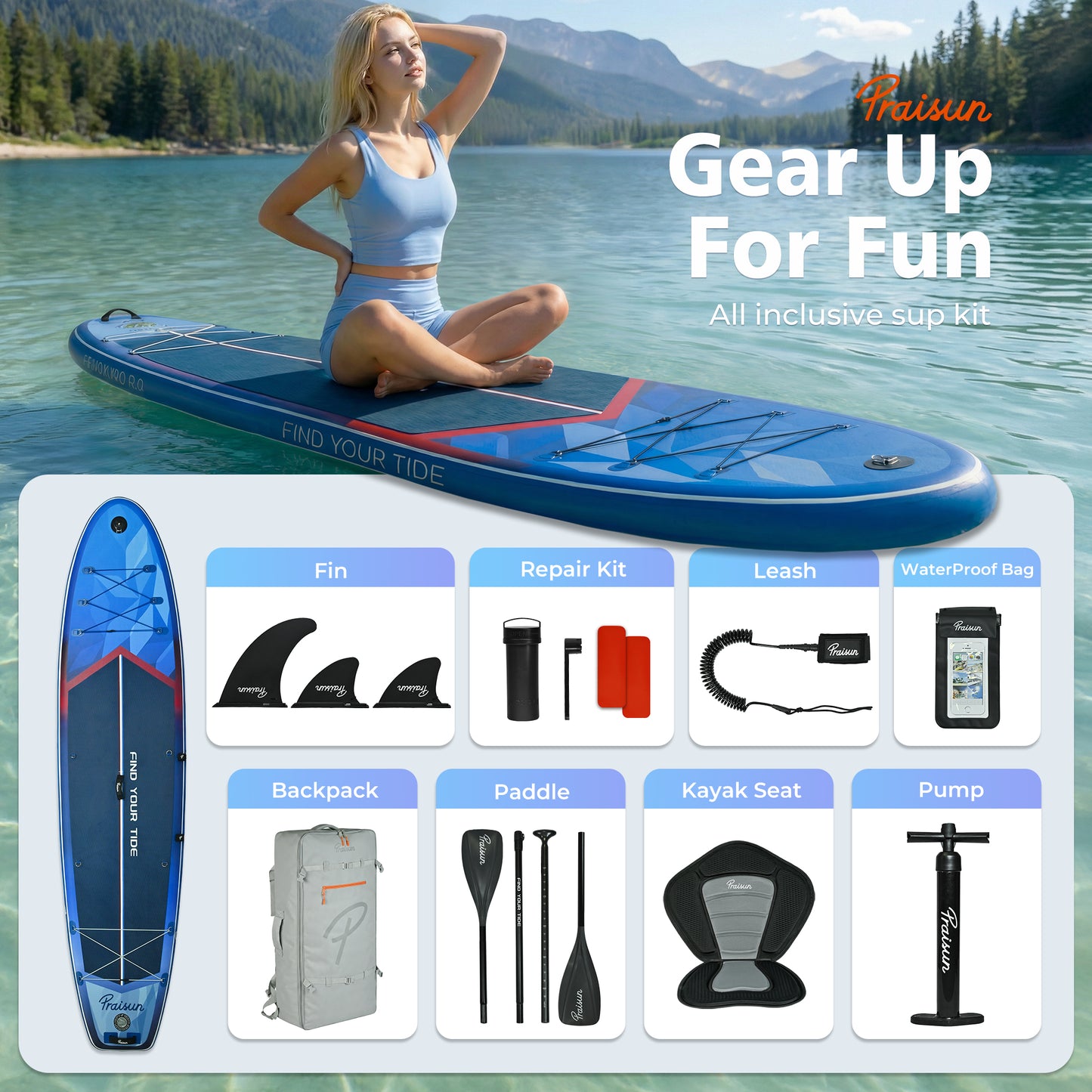 PRAISUN 12’ x 35” Inflatable Paddle Board, 450lbs Extra Wide Stand Up Paddleboard for Youth/Adults of All Skill Levels, Stable SUP with Seat & Full Kit, for Fishing, Yoga, Lake & Ocean