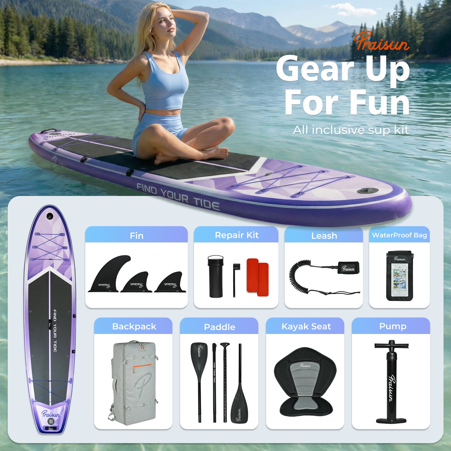 PRAISUN 12’ x 35” Inflatable Paddle Board, 450lbs Extra Wide Stand Up Paddleboard for Youth/Adults of All Skill Levels, Stable SUP with Seat & Full Kit, for Fishing, Yoga, Lake & Ocean