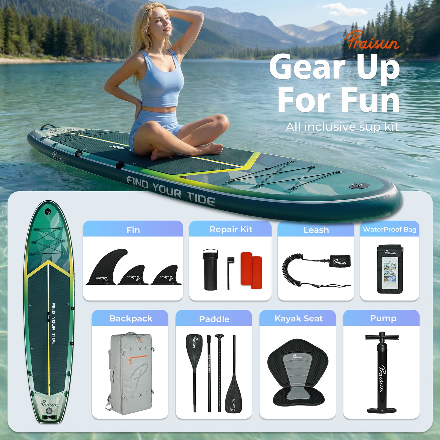 PRAISUN 12’ x 35” Inflatable Paddle Board, 450lbs Extra Wide Stand Up Paddleboard for Youth/Adults of All Skill Levels, Stable SUP with Seat & Full Kit, for Fishing, Yoga, Lake & Ocean