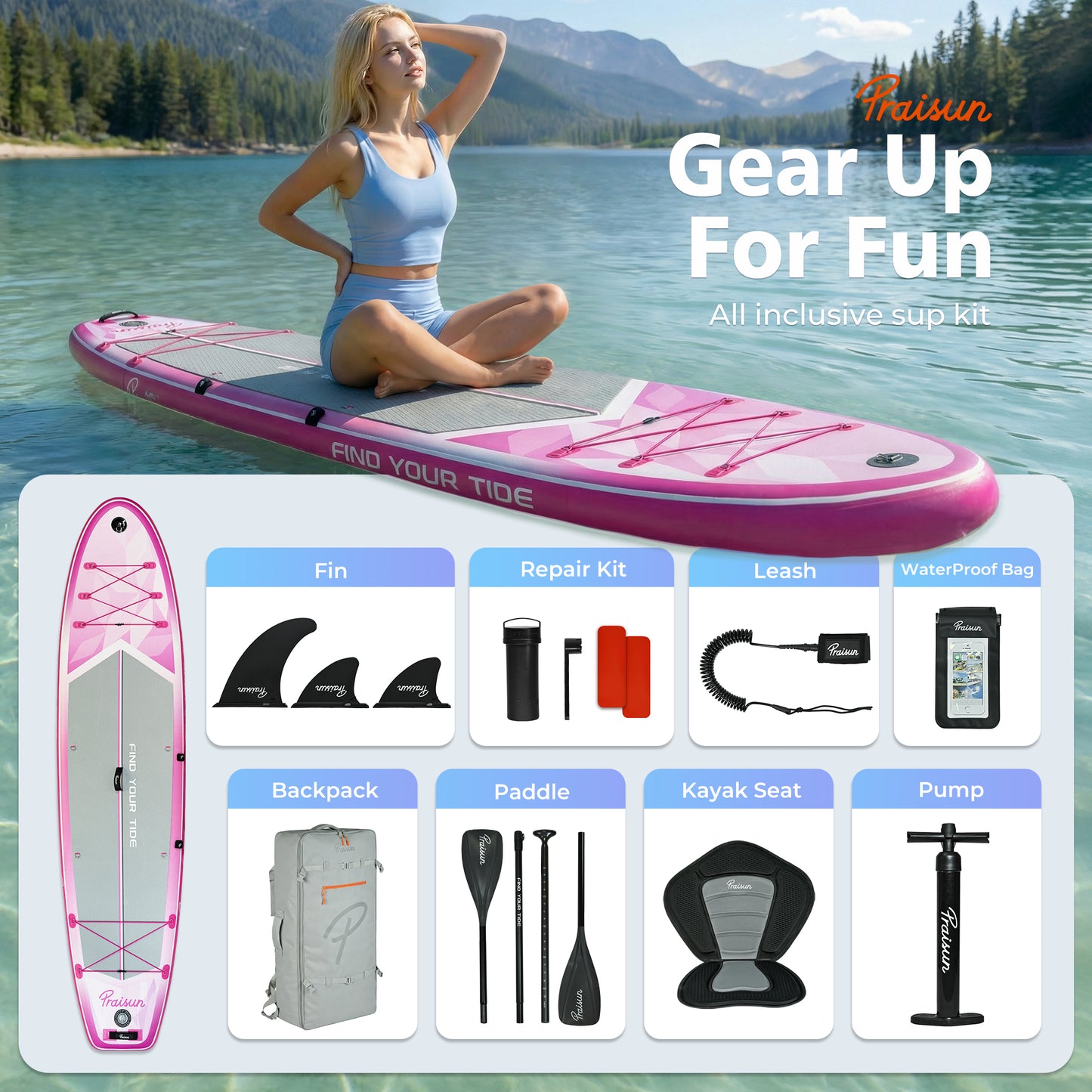 PRAISUN 12’ x 35” Inflatable Paddle Board, 450lbs Extra Wide Stand Up Paddleboard for Youth/Adults of All Skill Levels, Stable SUP with Seat & Full Kit, for Fishing, Yoga, Lake & Ocean