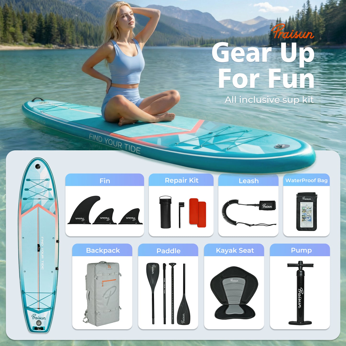 PRAISUN 12’ x 35” Inflatable Paddle Board, 450lbs Extra Wide Stand Up Paddleboard for Youth/Adults of All Skill Levels, Stable SUP with Seat & Full Kit, for Fishing, Yoga, Lake & Ocean
