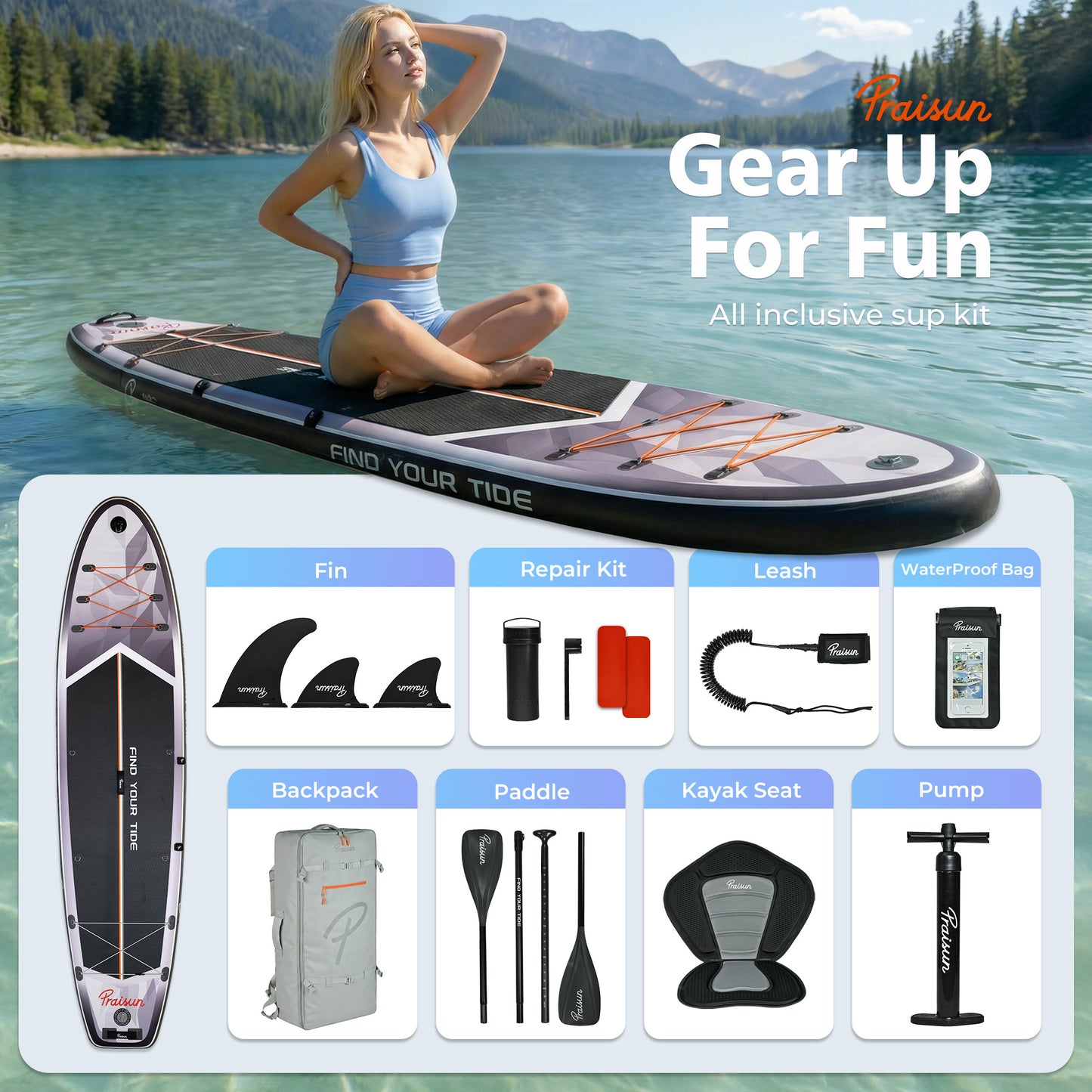 PRAISUN 12’ x 35” Inflatable Paddle Board, 450lbs Extra Wide Stand Up Paddleboard for Youth/Adults of All Skill Levels, Stable SUP with Seat & Full Kit, for Fishing, Yoga, Lake & Ocean