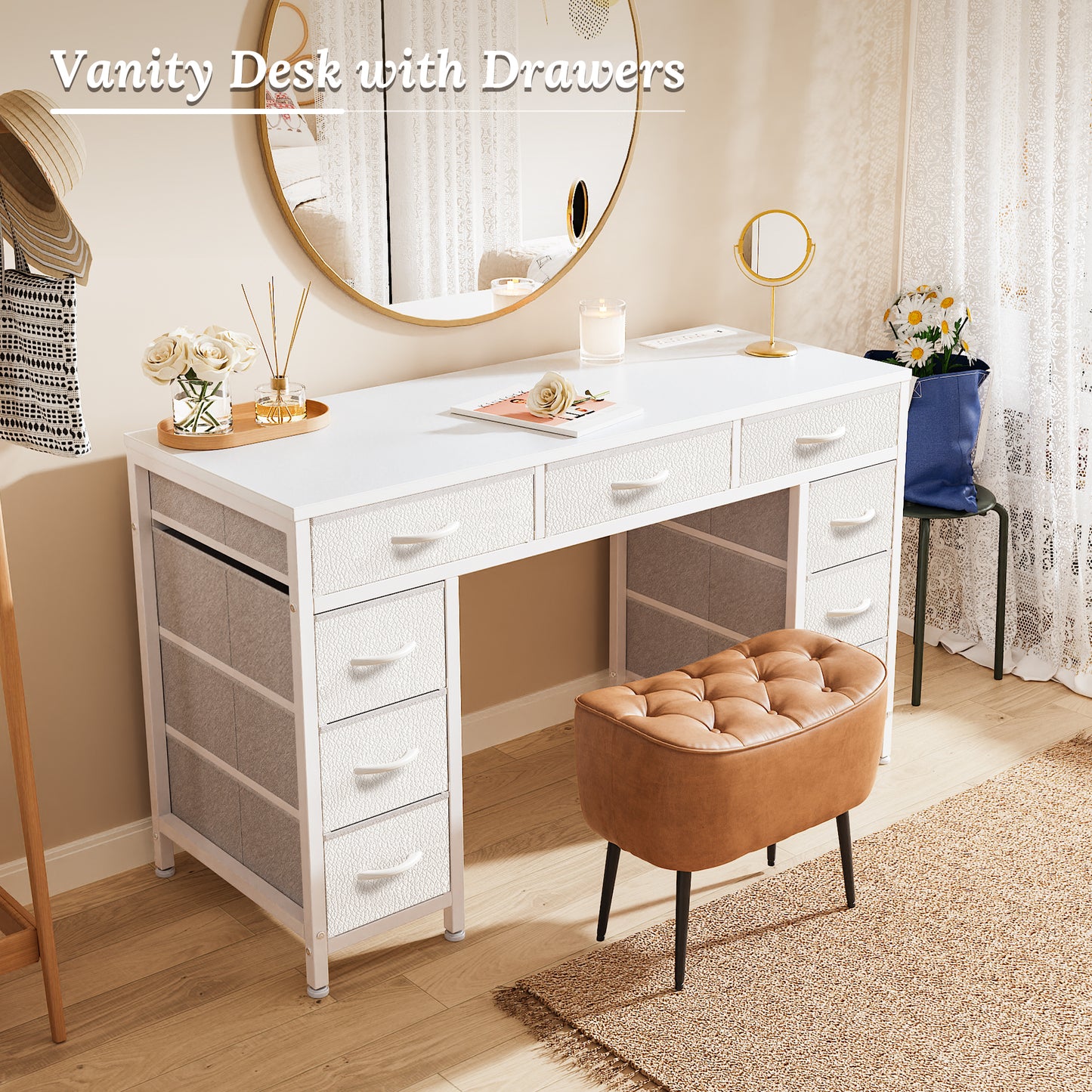 PRAISUN 47 Inch Office Desk with Outlets, Computer Desk with 9 Fabric Drawers, Writing Gaming Work Study Desk for Bedroom, Living Room, Home Office, Large Storage, White