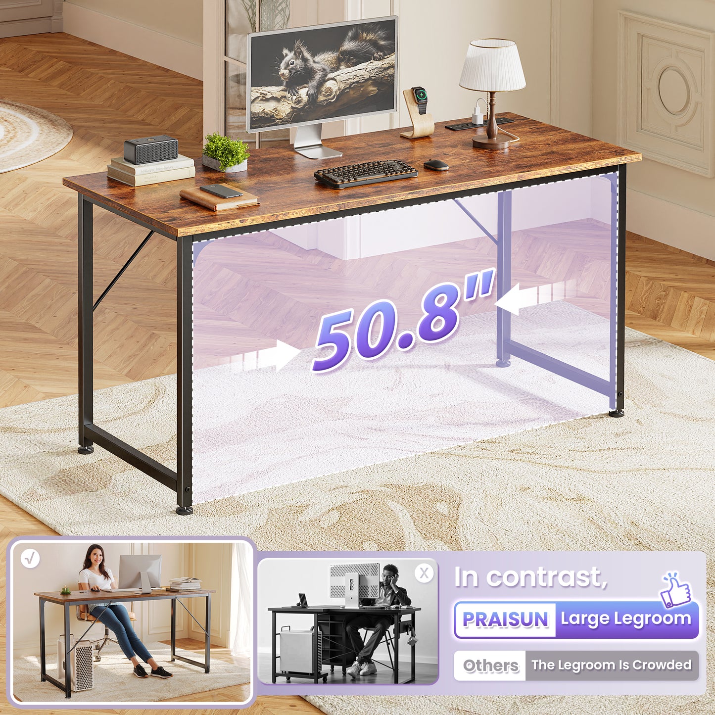 PRAISUN 55 X 20 Inch Office Computer Desk with Power Outlets and USB-C Port, Larger and Longer Gaming Desk, for Home Office, Study, Bedroom, Writing Work from Home Table, Metal Frame, Rustic Brown