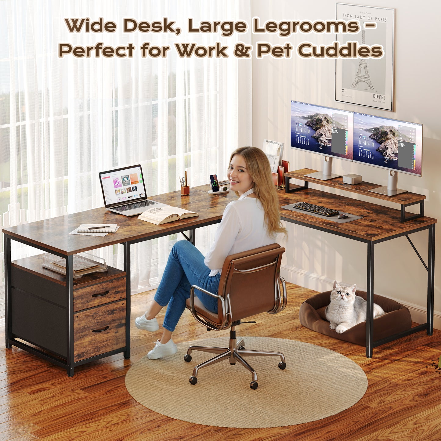PRAISUN 63 Inch L Shaped Desk with Power Outlets and USB-C Port, Computer Corner Home Office Desk with File Fabric Drawers and Movable Monitor Stand, Larger Storage, Gaming, Writing, Rustic Brown