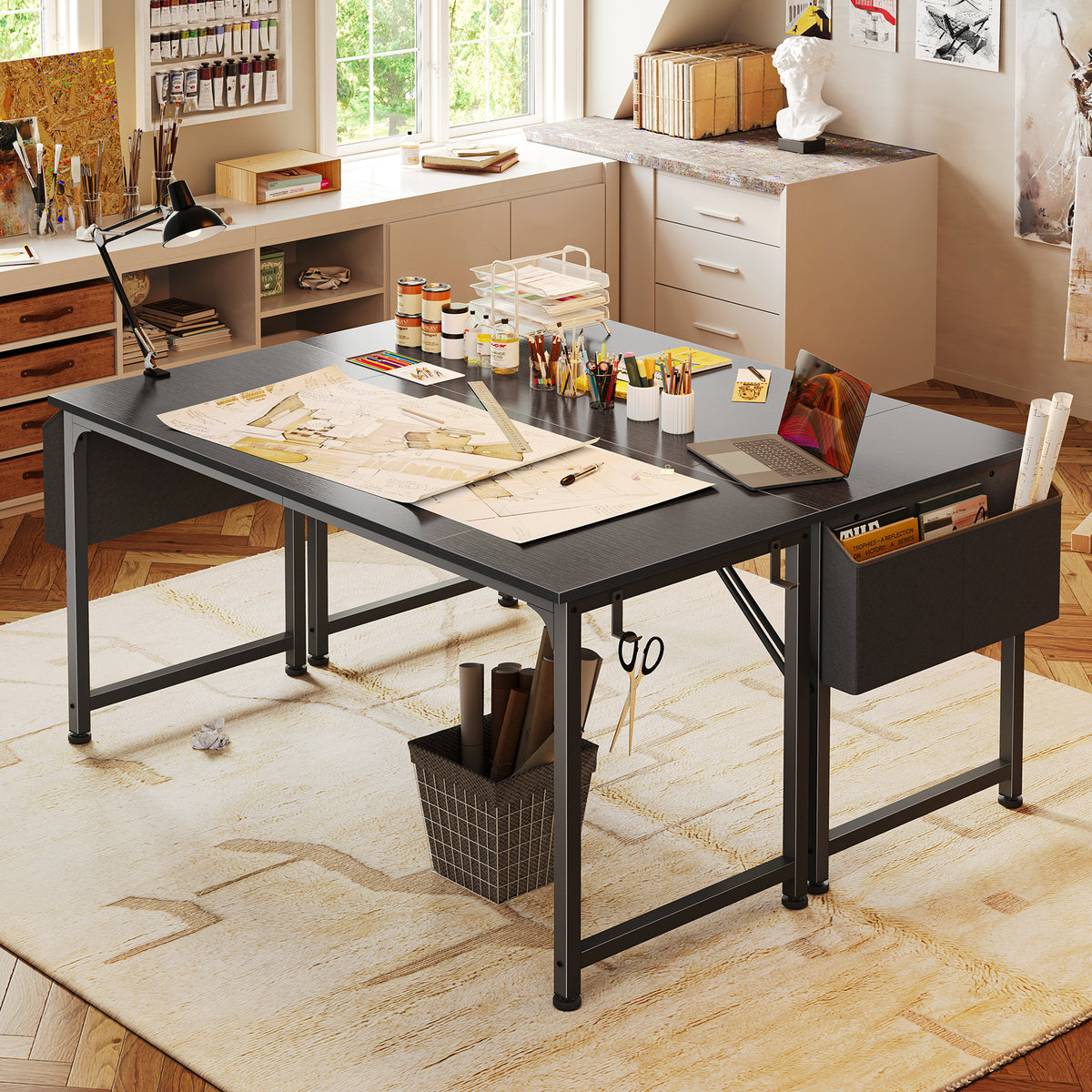 PRAISUN 55'' Computer Desk with Fabric Storage Bag, Office Desk with Durable Desktop, Large Gaming Desk, Writing Work Study Desk for Bedroom, Home Office, Black