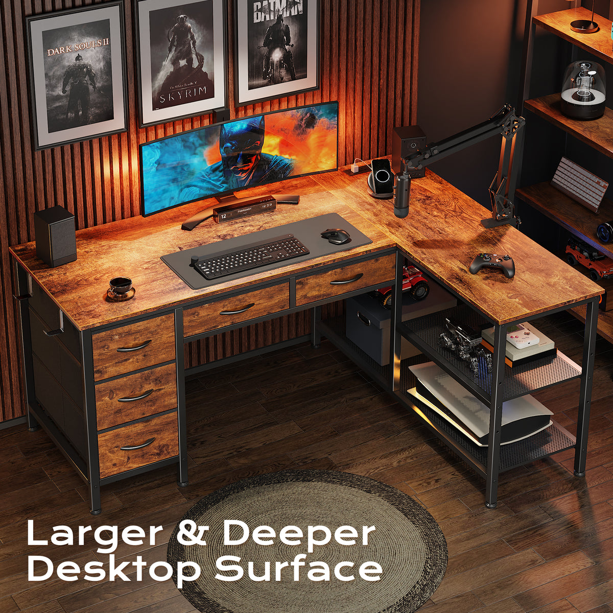 Praisun 47 Inch L Shaped Desk with Power Outlets, 5 Fabric Drawers Reversible Computer Desk with Shelves, USB-C Port, Large Corner Office Desk for Gaming Writing Work Study, Rustic Brown