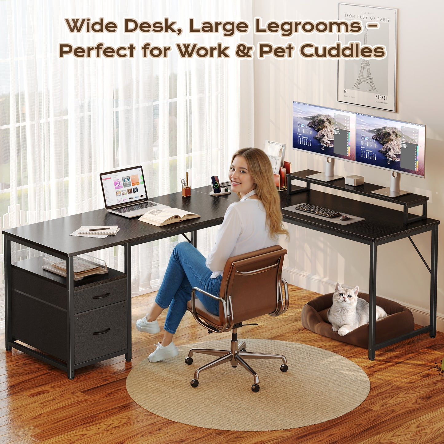 PRAISUN 63 Inch L Shaped Desk with Power Outlets and USB-C Port, Computer Corner Home Office Desk with File Fabric Drawers and Movable Monitor Stand, Larger Storage, Gaming, Writing, Work, Black