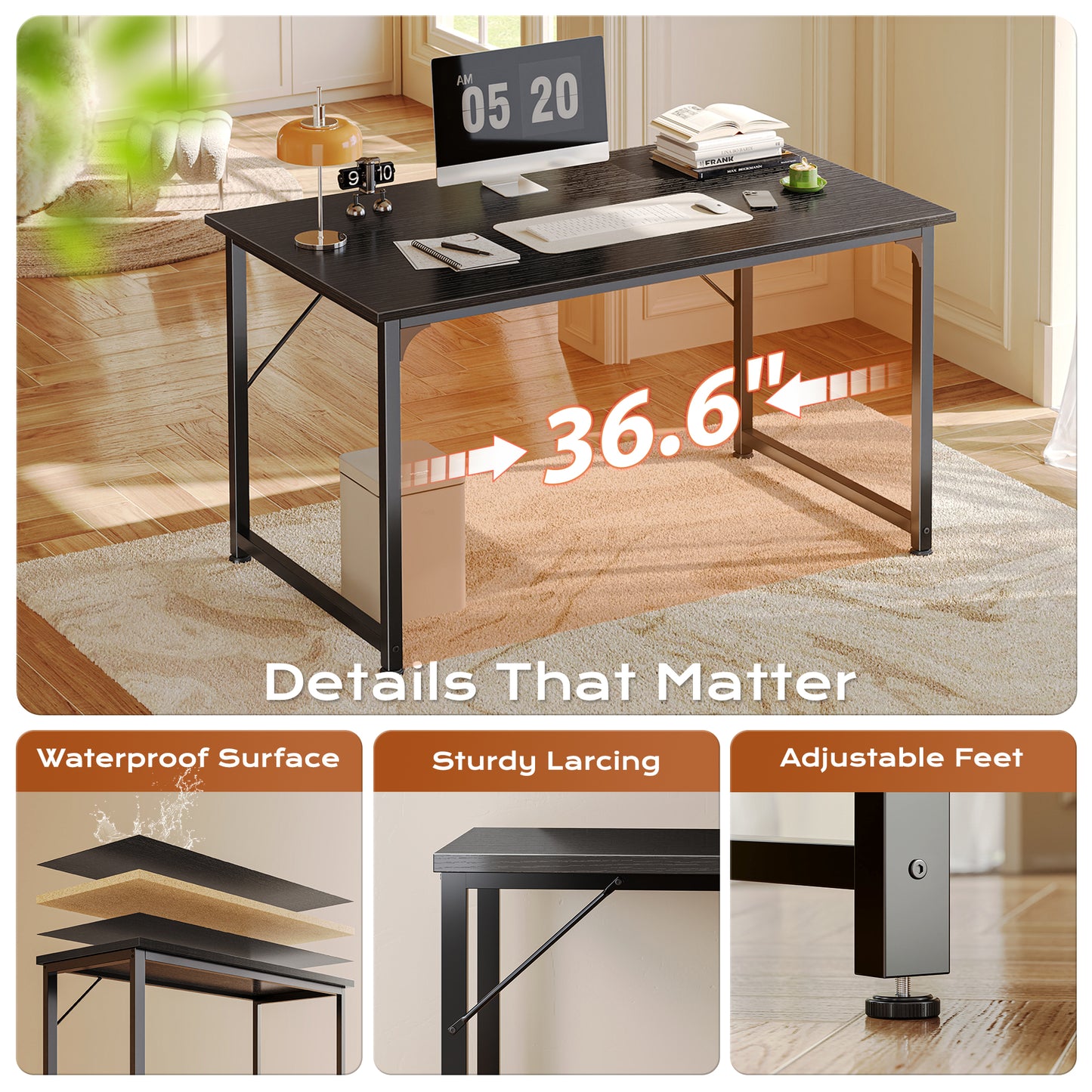 PRAISUN 40 X 24 Inch Computer Desk with Deeper Desktop, Gaming Office Writing Work Desk for Home Office, Study, Bedroom, Work from Home Desk, Metal Frame, Black