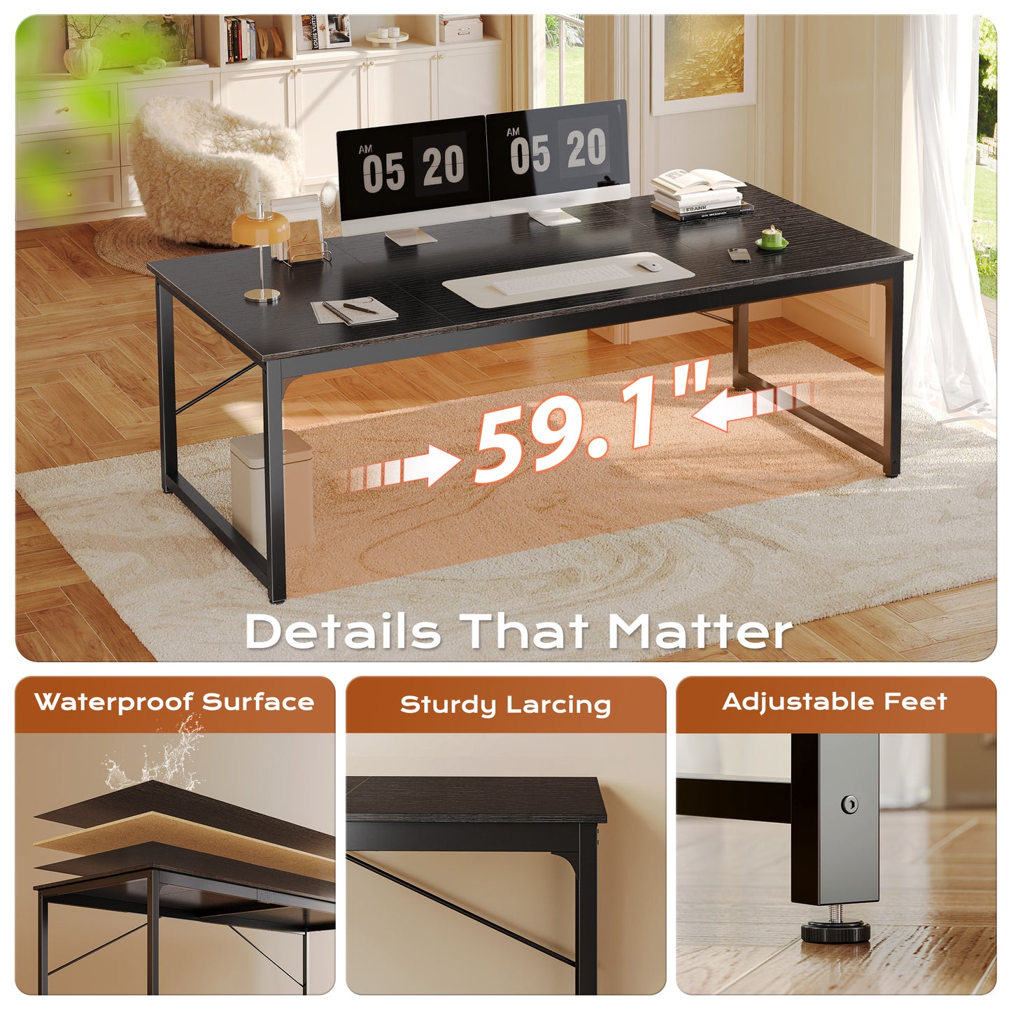 PRAISUN 63 X 29.5 Inch Computer Desk with Deeper Desktop, Gaming Office Writing Work Desk for Home Office, Study, Bedroom, Work from Home, Metal Frame, Black