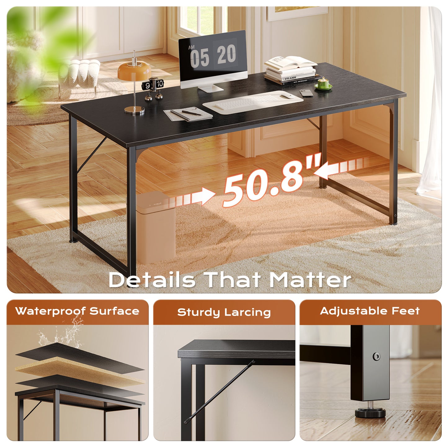 PRAISUN 54 X 24 Inch Computer Desk with Deeper Desktop, Gaming Office Writing Work Desk for Home Office, Study, Bedroom, Work from Home, Metal Frame, Black