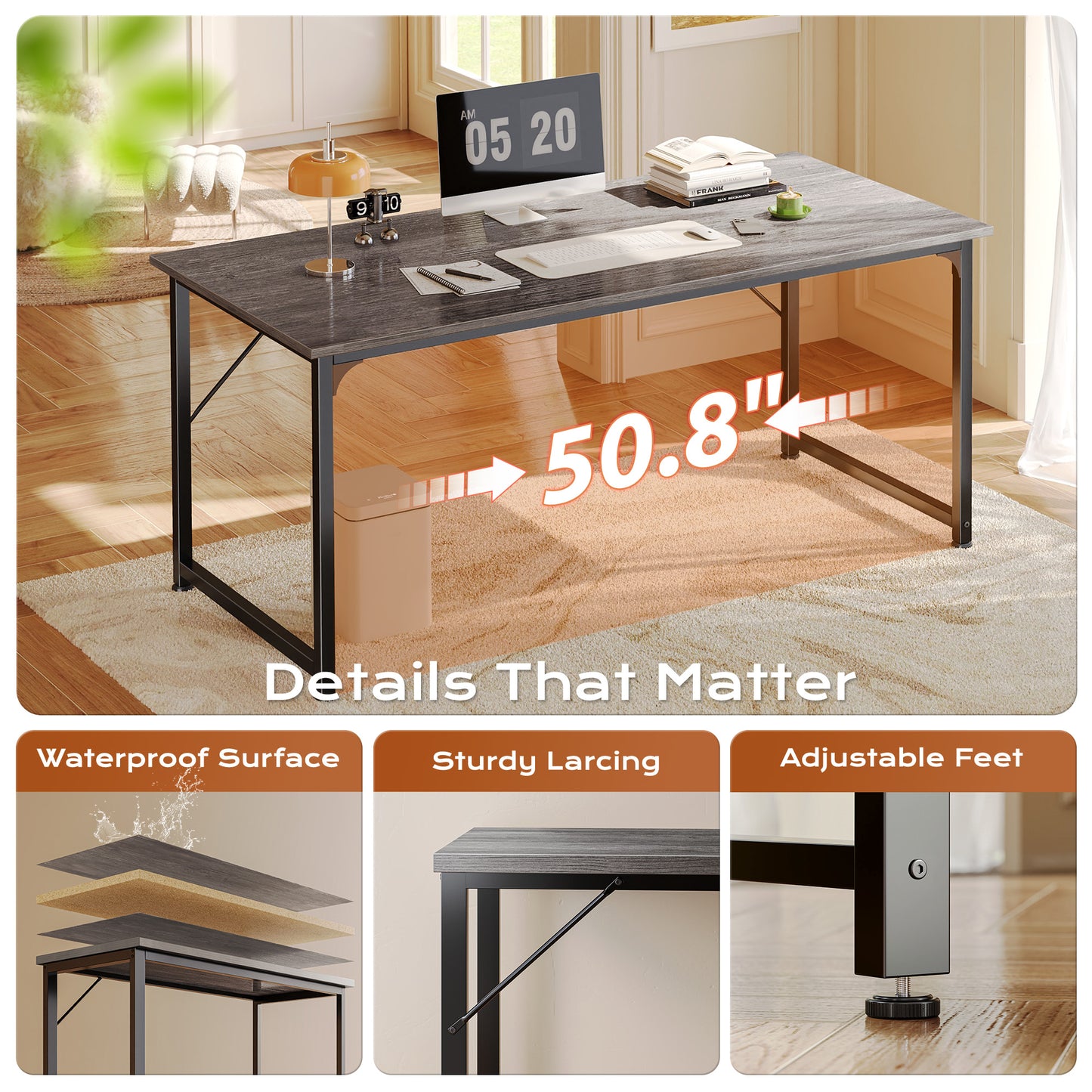 PRAISUN 54 X 24 Inch Computer Desk with Deeper Desktop, Gaming Office Writing Work Desk for Home Office, Study, Bedroom, Work from Home, Metal Frame, Grey
