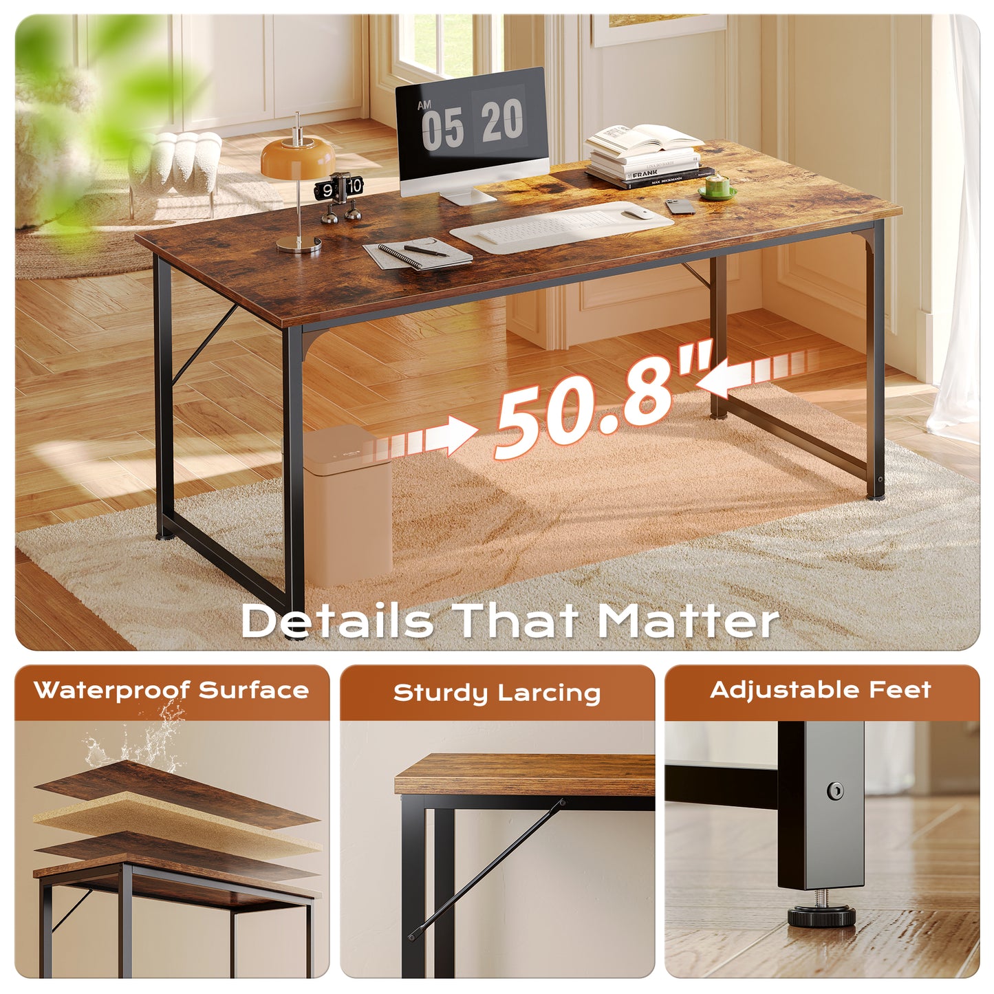 PRAISUN 54 X 24 Inch Computer Desk with Deeper Desktop, Gaming Office Writing Work Desk for Home Office, Study, Bedroom, Work from Home, Metal Frame, Rustic Brown