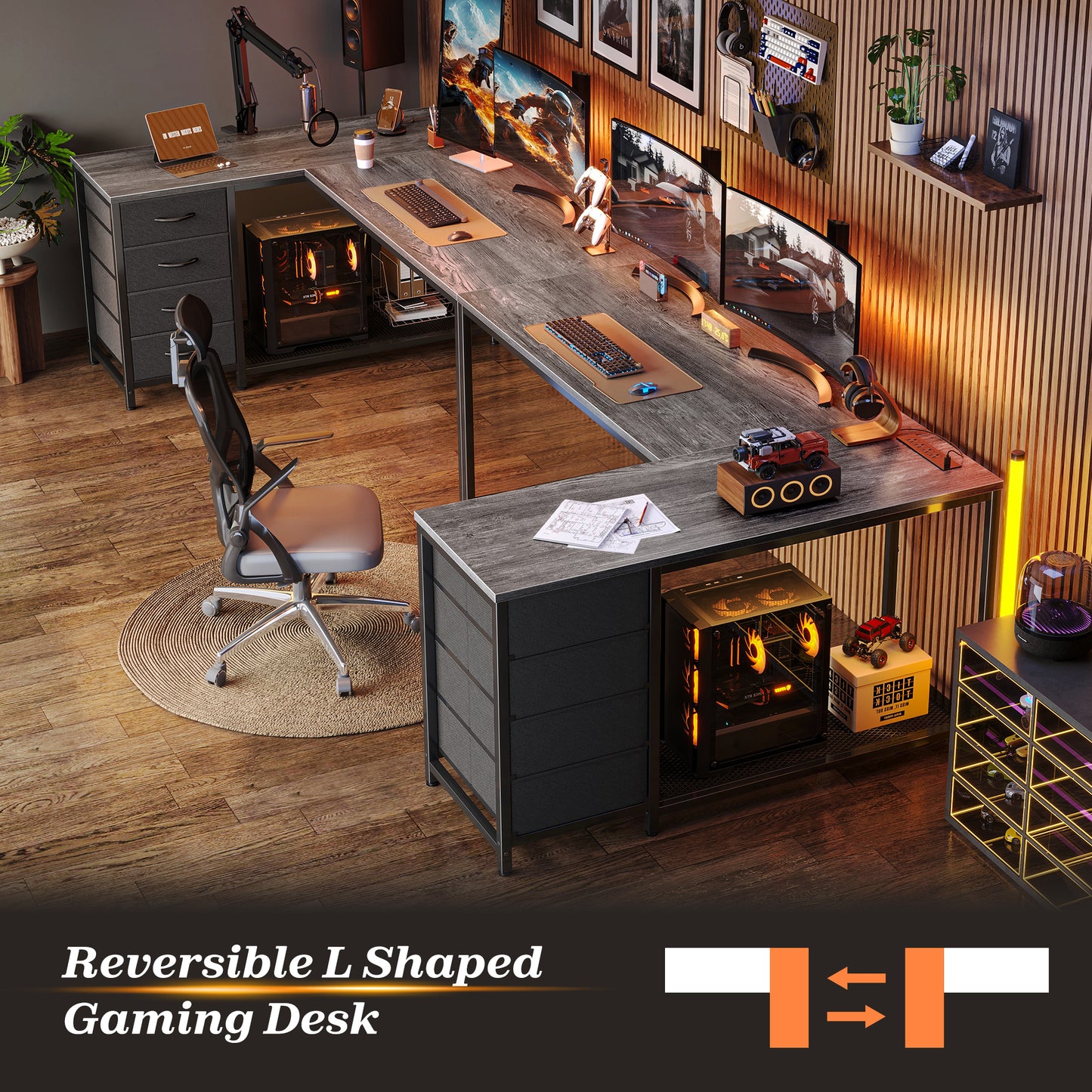 PRAISUN 53" L Shaped Desk with Power Outlets and USB-C Port, Reversible Computer Corner Office Desk with 4 Fabric Drawers and 2 Height-Adjustable Shelves, Large for Gaming Writing Work Study, Grey