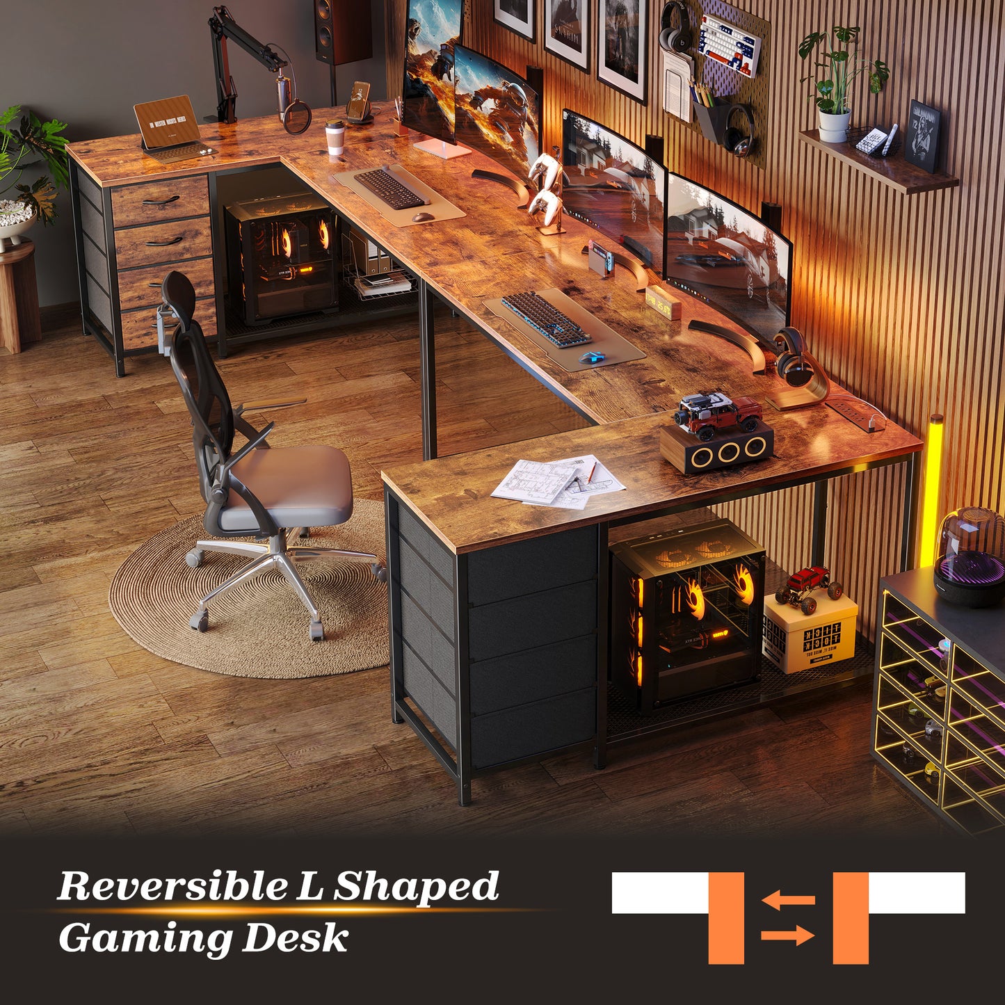 PRAISUN 53" L Shaped Desk with Power Outlets and USB-C Port, Reversible Computer Corner Office Desk with 4 Fabric Drawers and 2 Height-Adjustable Shelves, Large for Gaming Writing Study, Rustic Brown