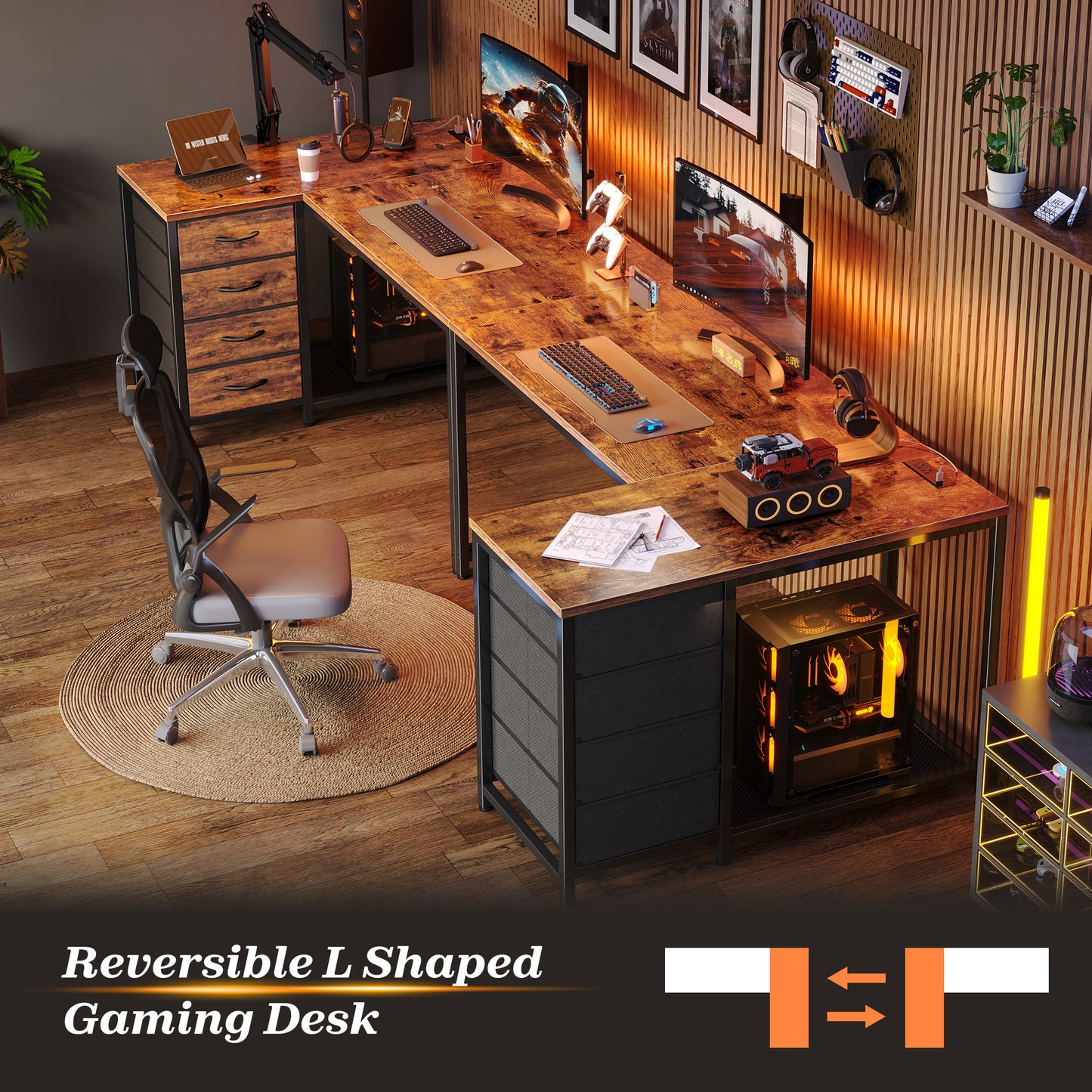 PRAISUN 43.3" Small Computer Desk with Power Outlets and USB-C Port, Reversible L Shaped Corner Office Desk with 4 Fabric Drawers and 2 Height-Adjustable Shelves, for Gaming Writing, Rustic Brown