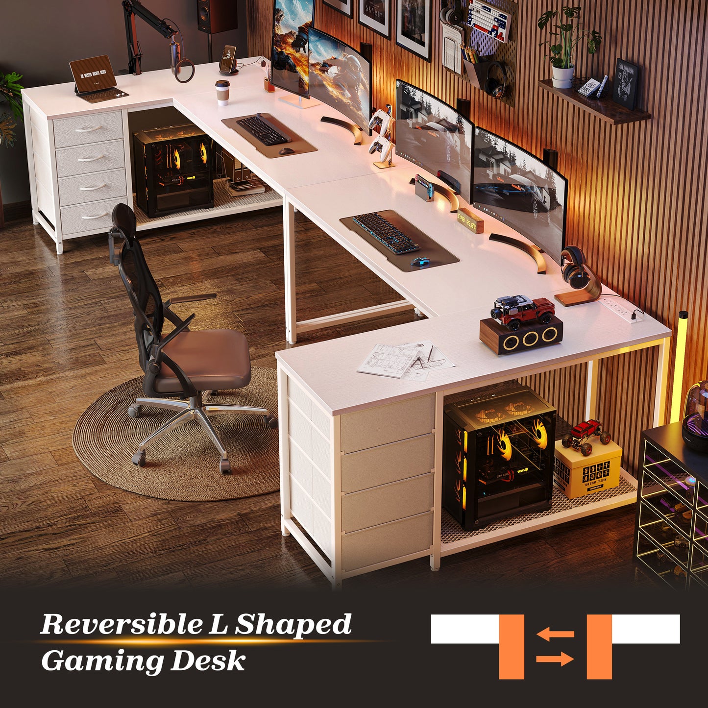 PRAISUN 61" L Shaped Desk with Power Outlets and USB-C Port, Reversible Computer Corner Office Desk with 4 Fabric Drawers and 2 Height-Adjustable Shelves, Large for Gaming Writing Work Study, White
