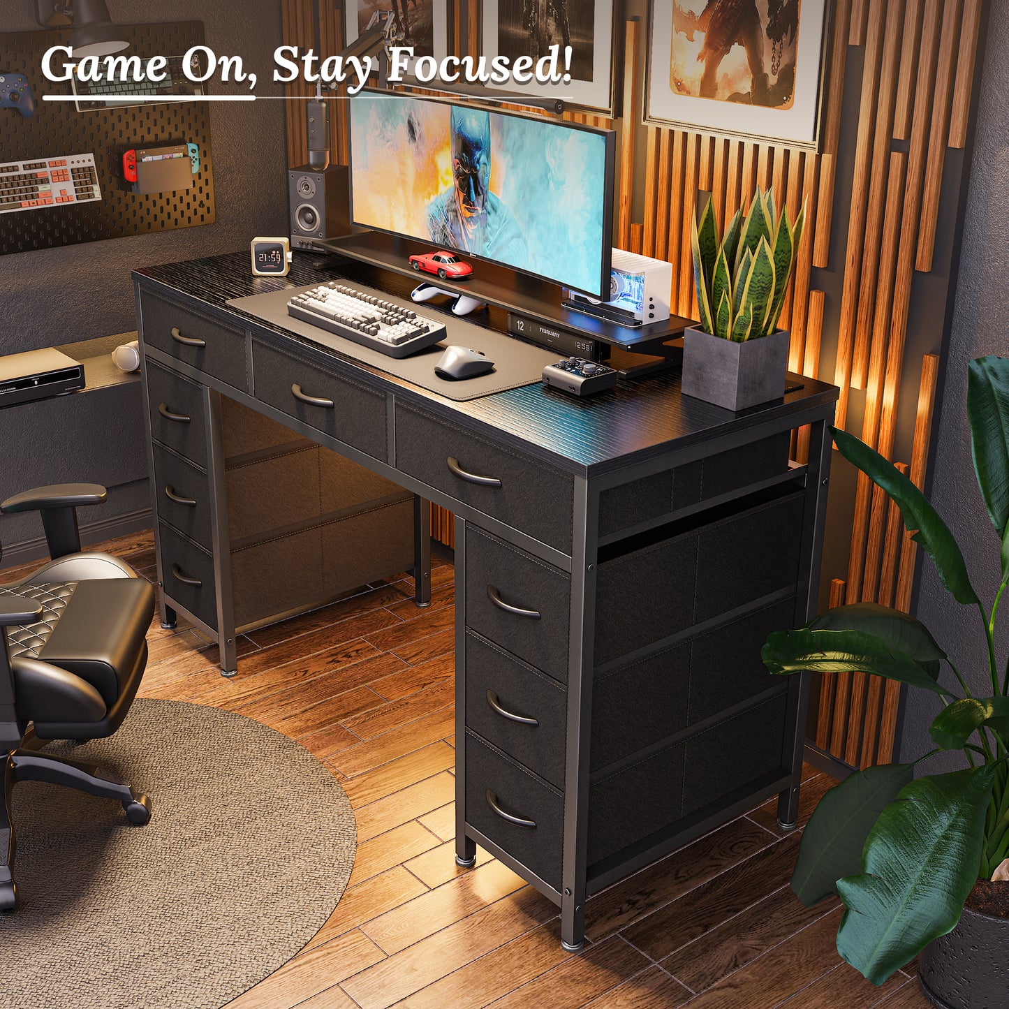 PRAISUN 47 Inch Office Desk with Outlets, Computer Desk with 9 Fabric Drawers, Writing Gaming Work Study Desk for Bedroom, Living Room, Home Office, Large Storage, Black