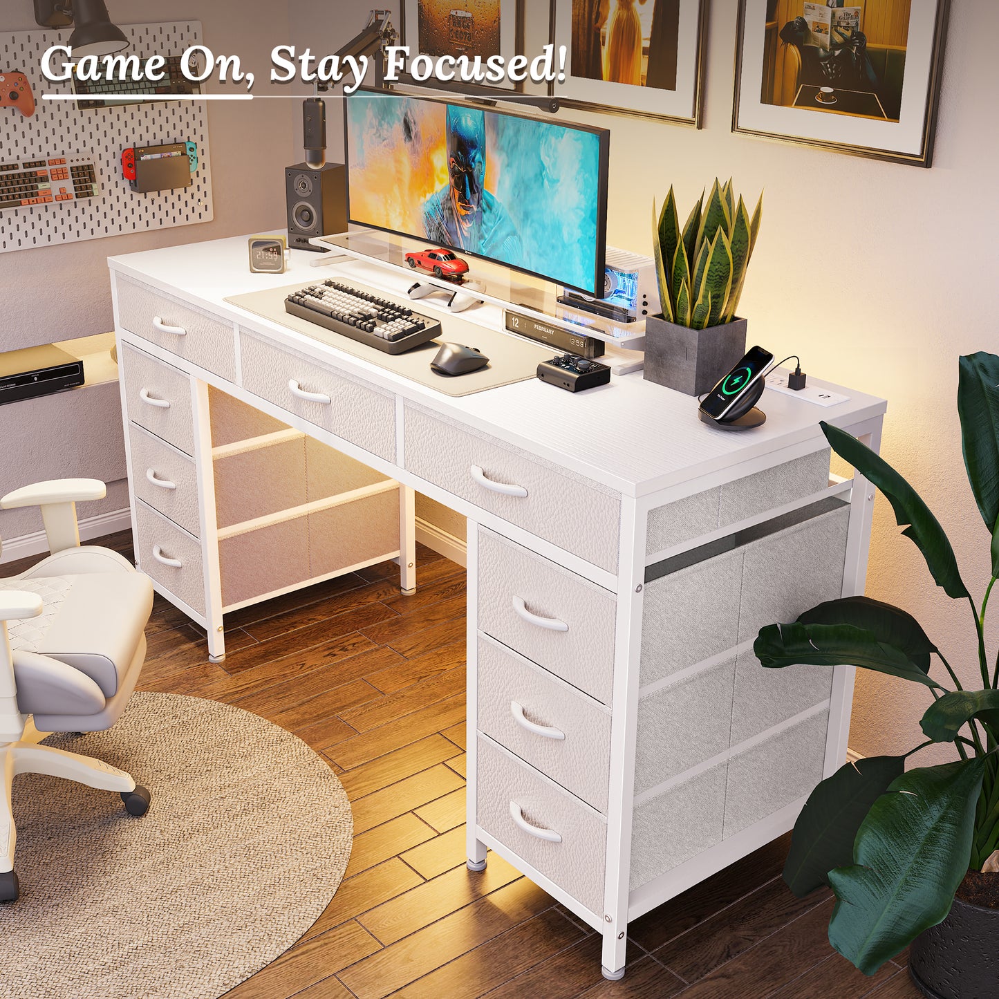 PRAISUN 54 Inch Office Desk with Outlets, Computer Desk with 9 Fabric Drawers, Writing Gaming Work Study Desk for Bedroom, Living Room, Home Office, Large Storage, White