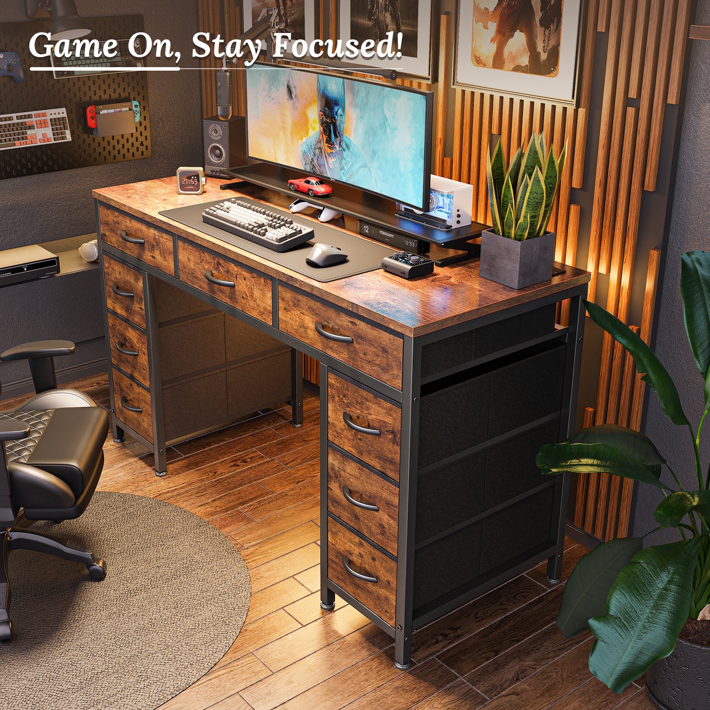 PRAISUN 47 Inch Office Desk with Outlets, Computer Desk with 9 Fabric Drawers, Writing Gaming Work Study Desk for Bedroom, Living Room, Home Office, Large Storage, Rustic Brown