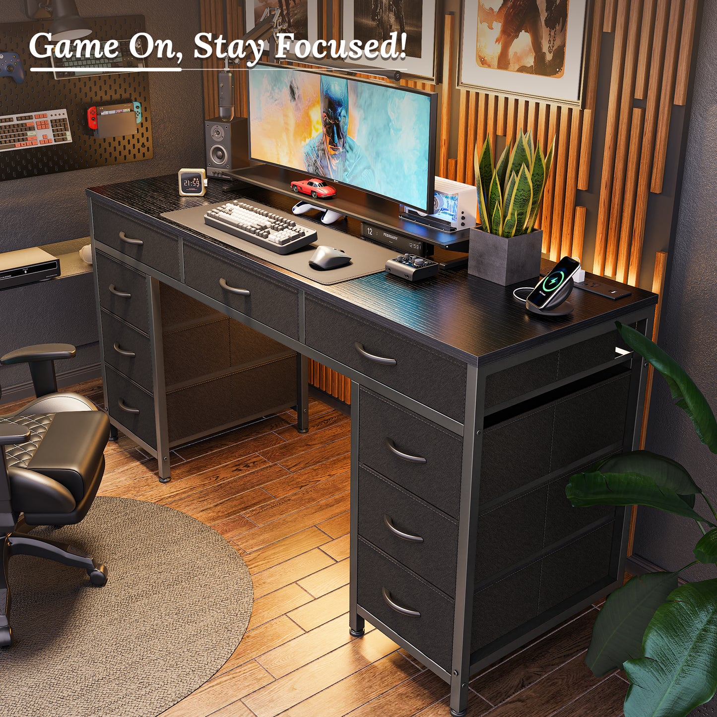 PRAISUN 54 Inch Office Desk with Outlets, Computer Desk with 9 Fabric Drawers, Writing Gaming Work Study Desk for Bedroom, Living Room, Home Office, Large Storage, Black