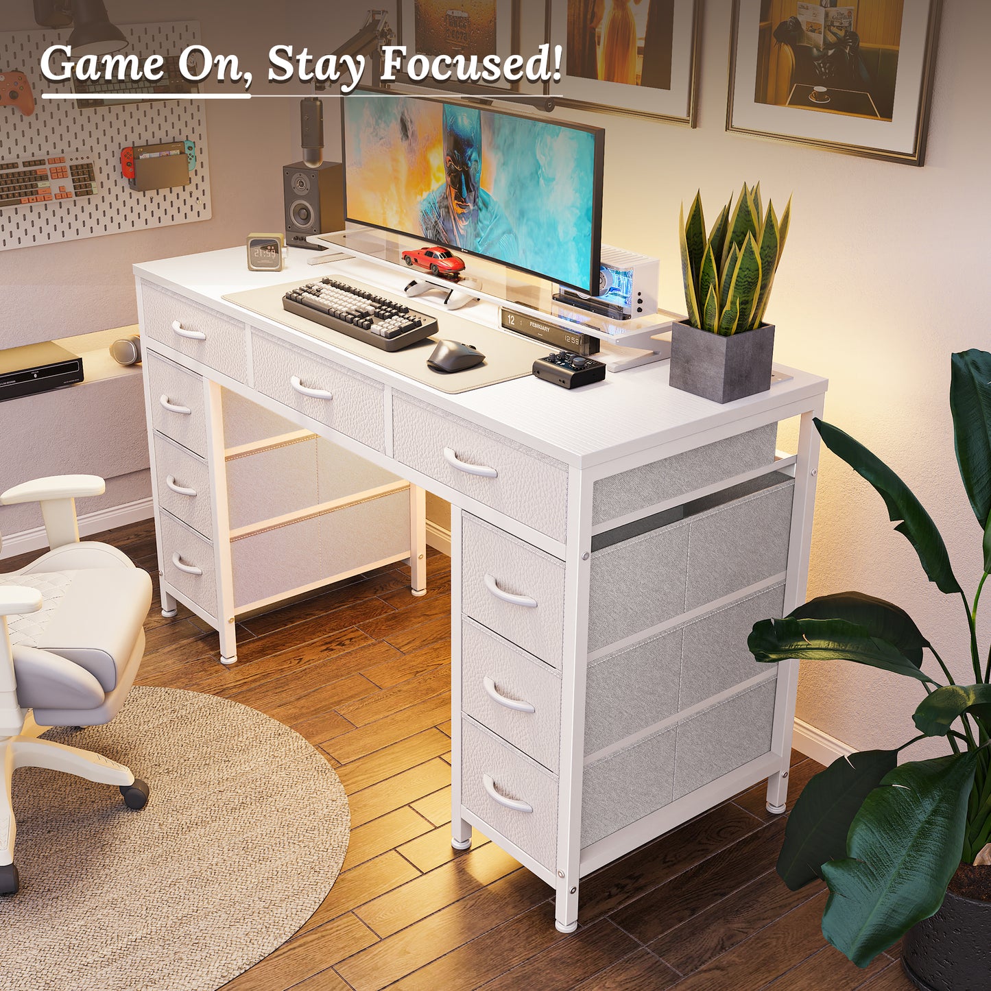 PRAISUN 47 Inch Office Desk with Outlets, Computer Desk with 9 Fabric Drawers, Writing Gaming Work Study Desk for Bedroom, Living Room, Home Office, Large Storage, White