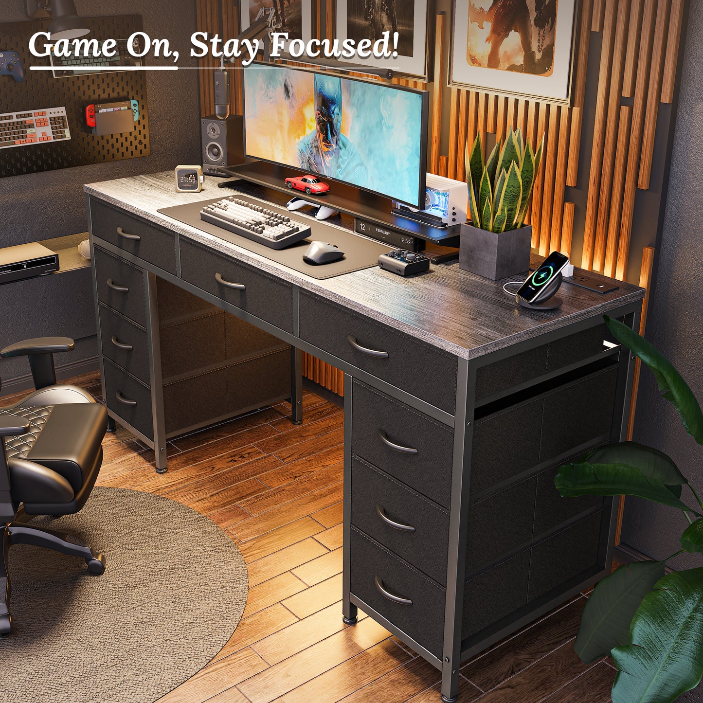 PRAISUN 54 Inch Office Desk with Outlets, Computer Desk with 9 Fabric Drawers, Writing Gaming Work Study Desk for Bedroom, Living Room, Home Office, Large Storage, Grey