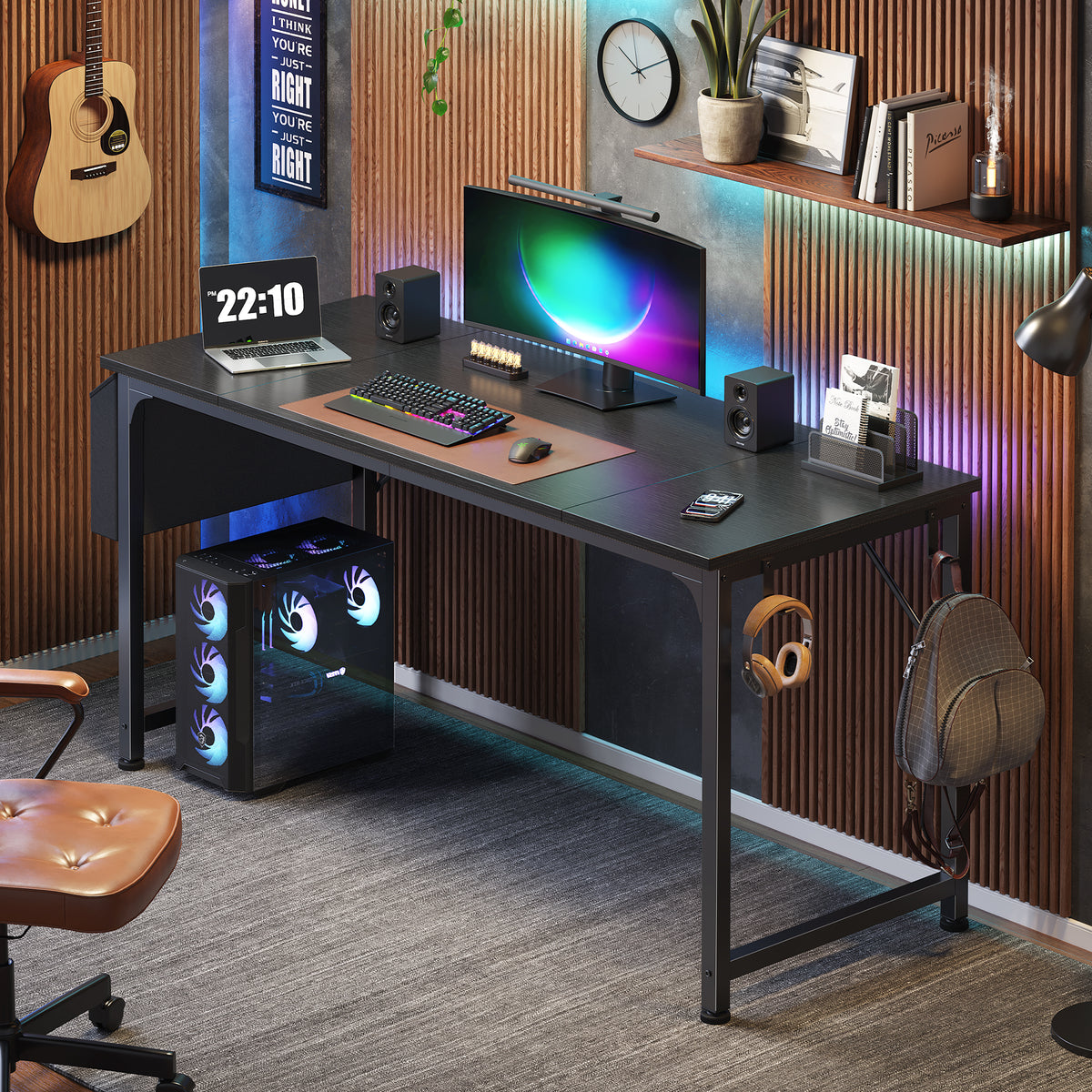 PRAISUN 55'' Computer Desk with Fabric Storage Bag, Office Desk with Durable Desktop, Large Gaming Desk, Writing Work Study Desk for Bedroom, Home Office, Black