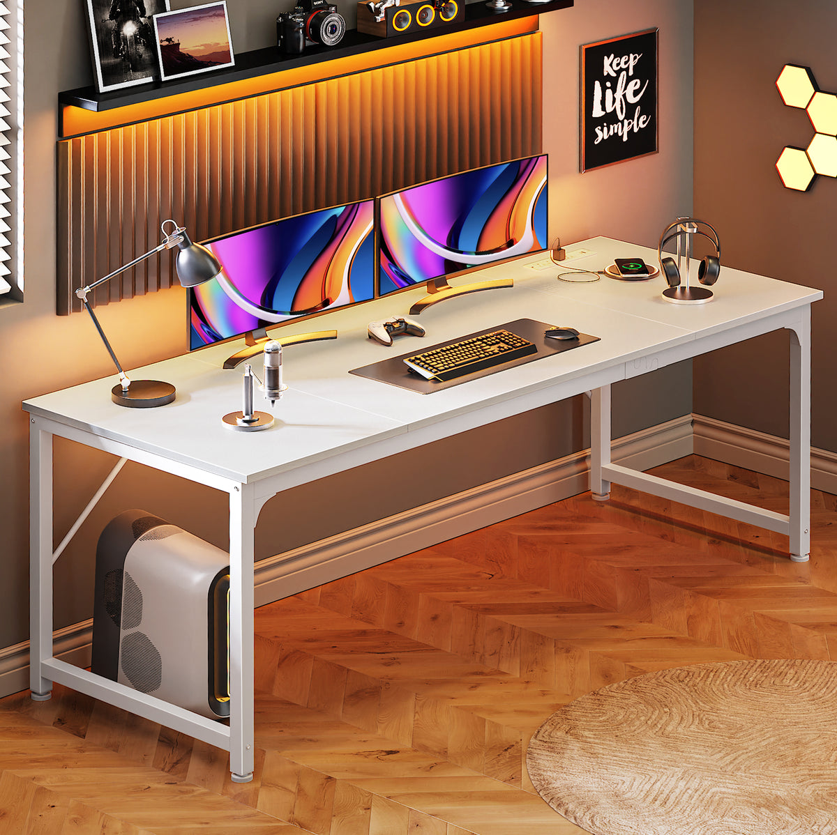 PRAISUN 70 x 24 Inch Computer Desk with Power Outlets & USB-C, White Office Desk with 4 AC Outlets, USB & USB-C, Heavy Duty Metal Frame, Spacious Desktop for Work, Writing, Study & Gaming